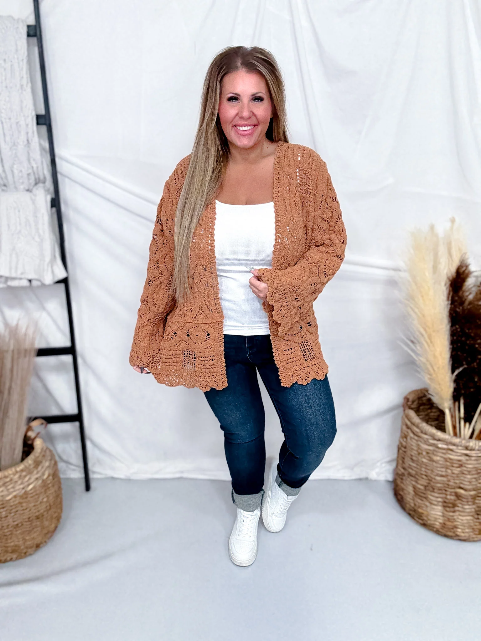 Long Sleeve Crochet Open Cardigan in Ginger FINAL SALE - Image 4