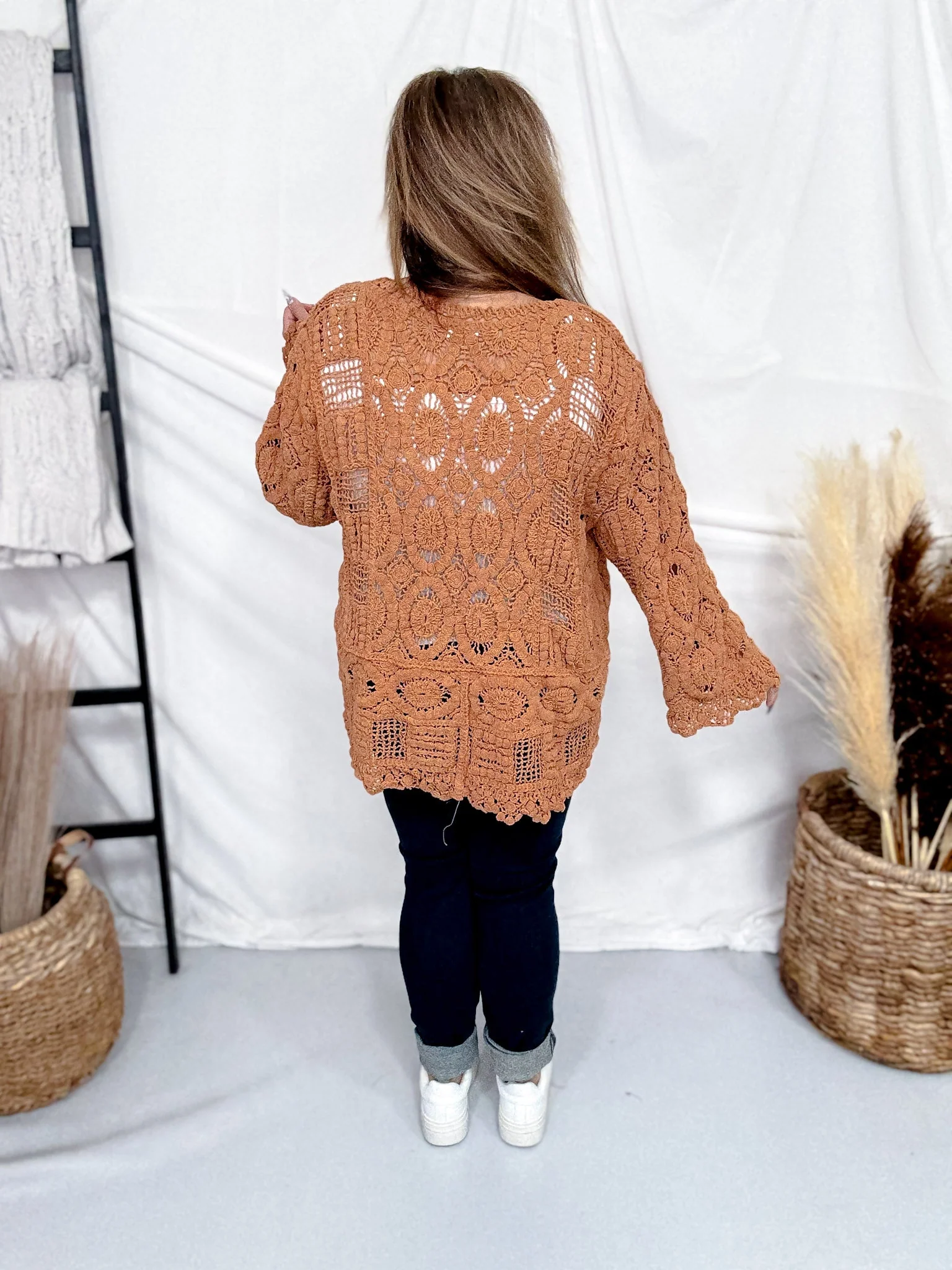 Long Sleeve Crochet Open Cardigan in Ginger FINAL SALE - Image 5