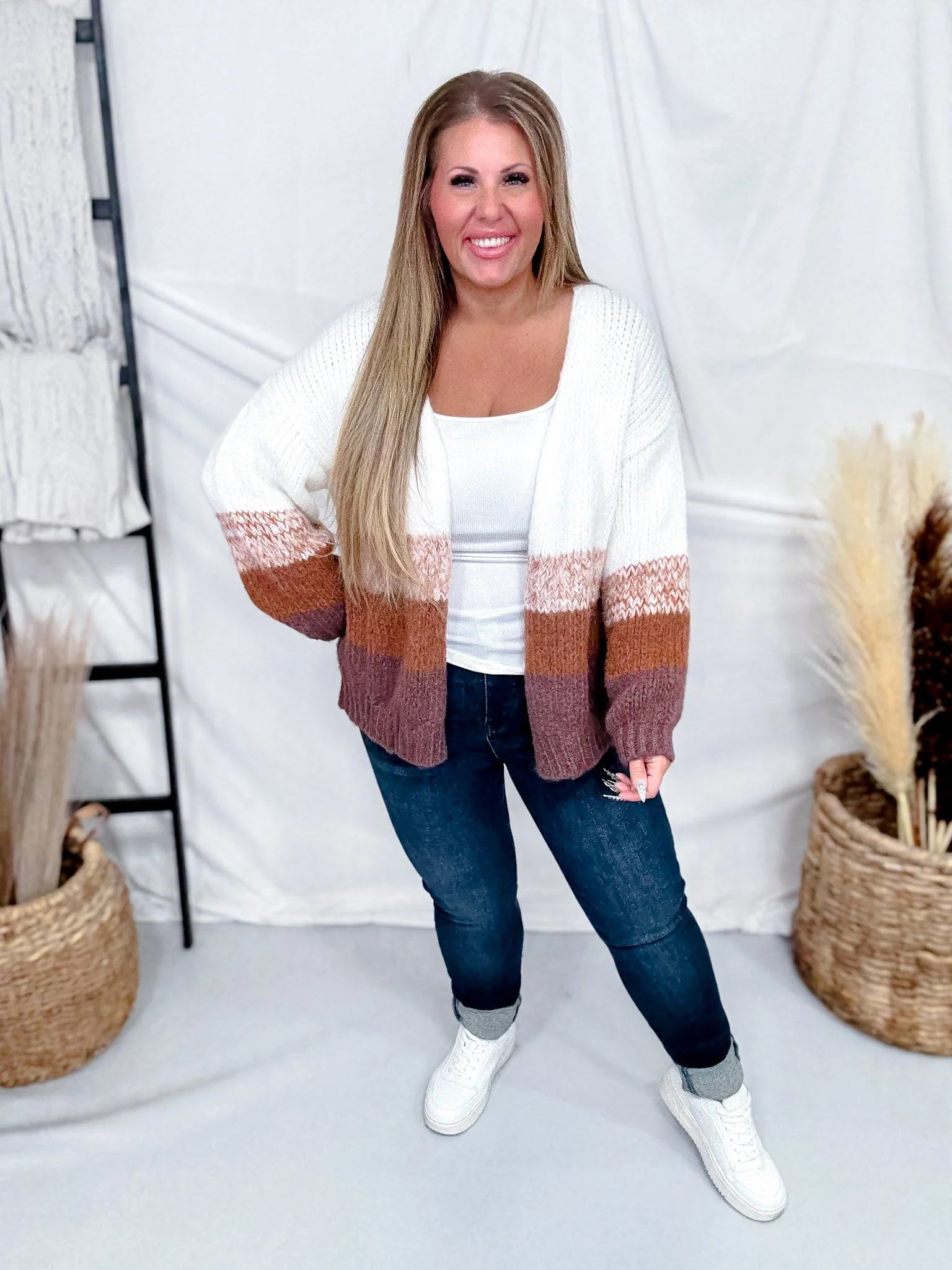 Long Sleeve Knit Colorblock Cardigan In Brown & White FINAL SALE - Image 2