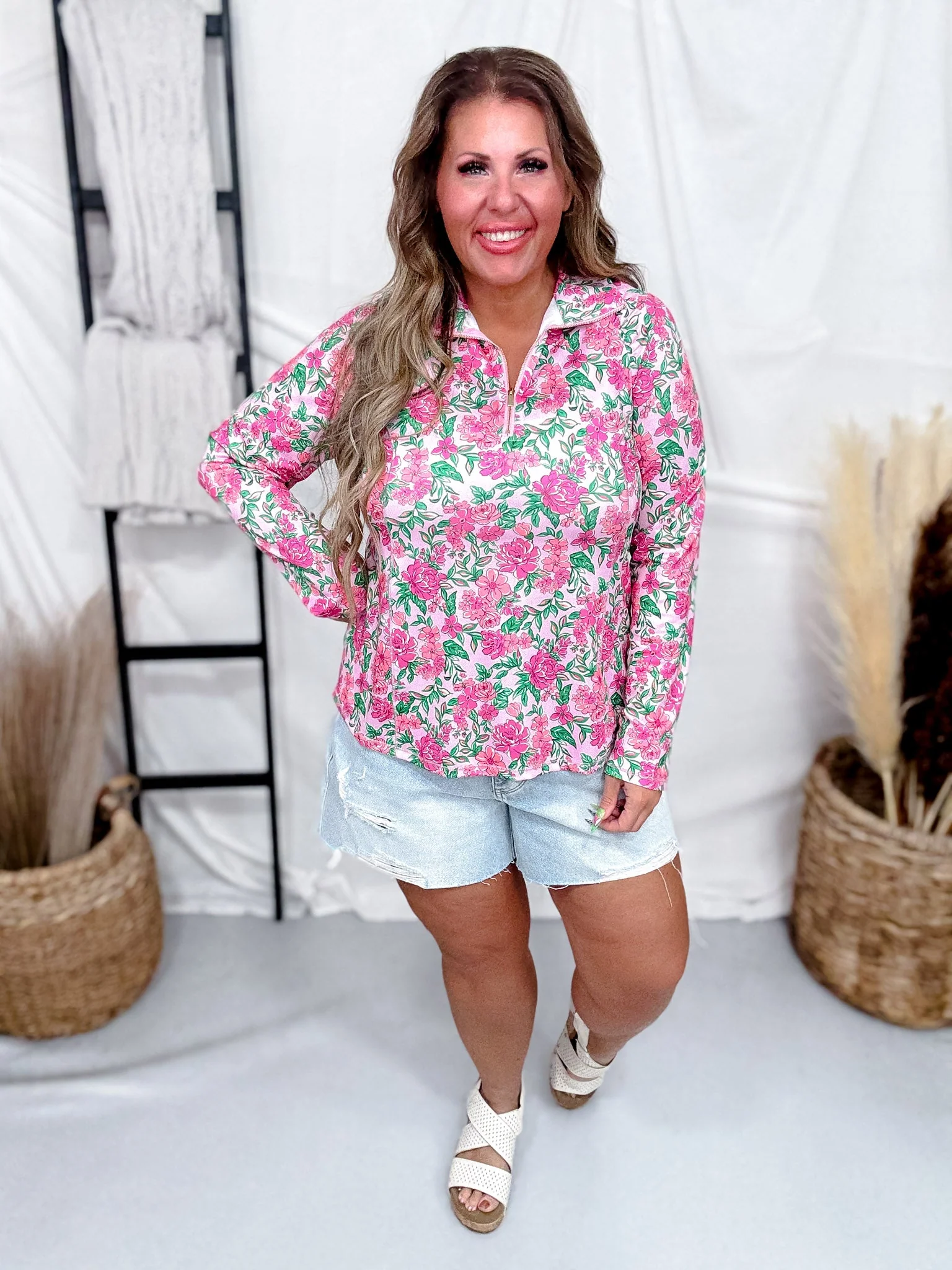 Long Sleeve Pink Multi Color Floral Top W/ Front Zipper FINAL SALE - Image 2