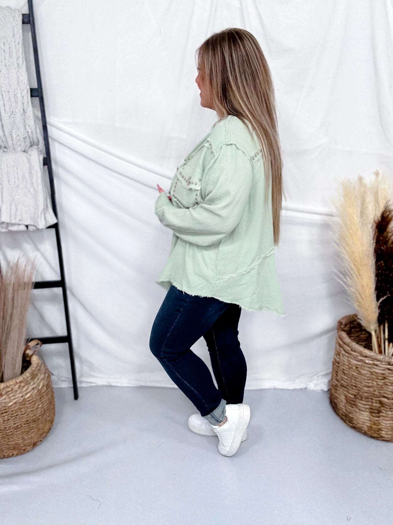 Long Sleeve Pistachio Button Down Top W/ Studding Details - Image 6