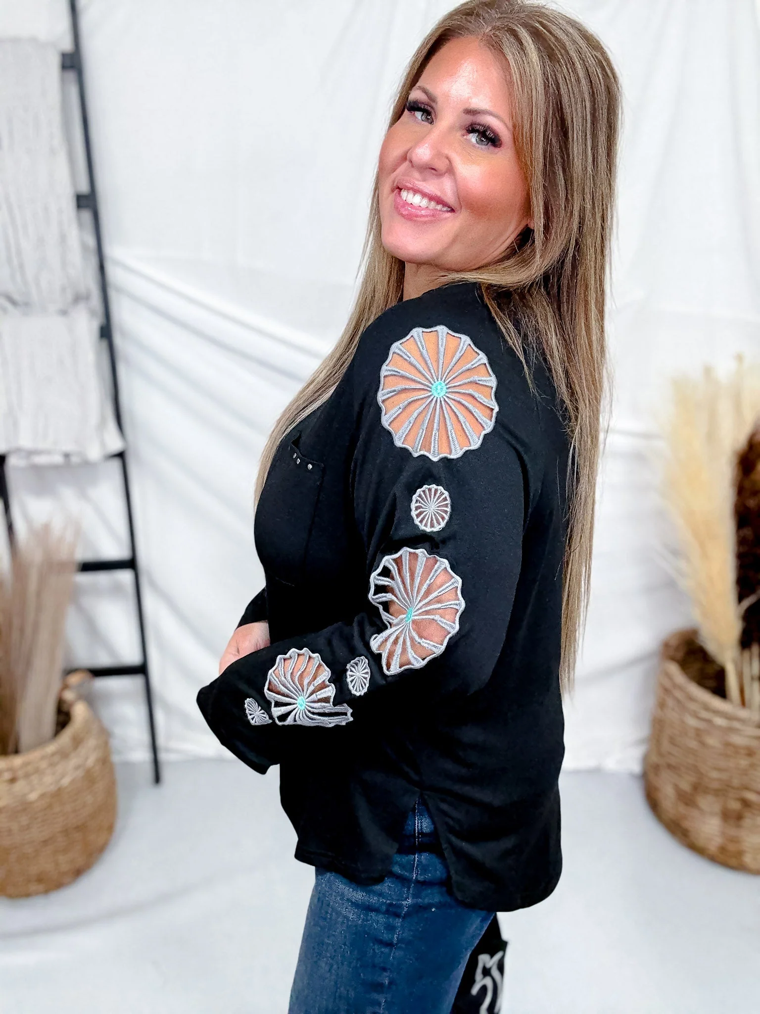 Long Sleeve Western Inspired Concho Cutout Sleeve Top FINAL SALE - Image 2