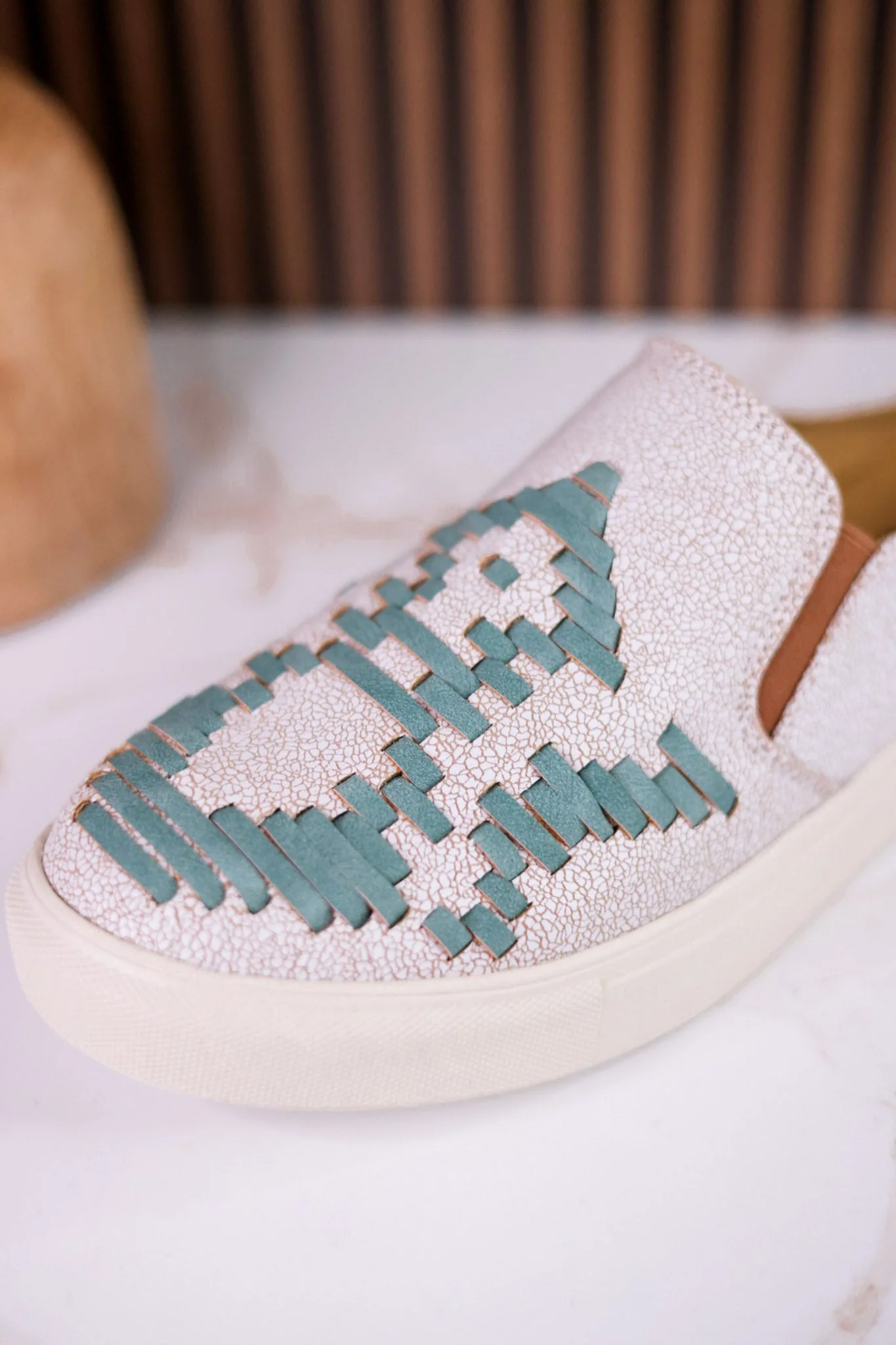 "Marian" Cream Crackle Mule Sneakers With Turquoise Aztec Pattern - Image 11