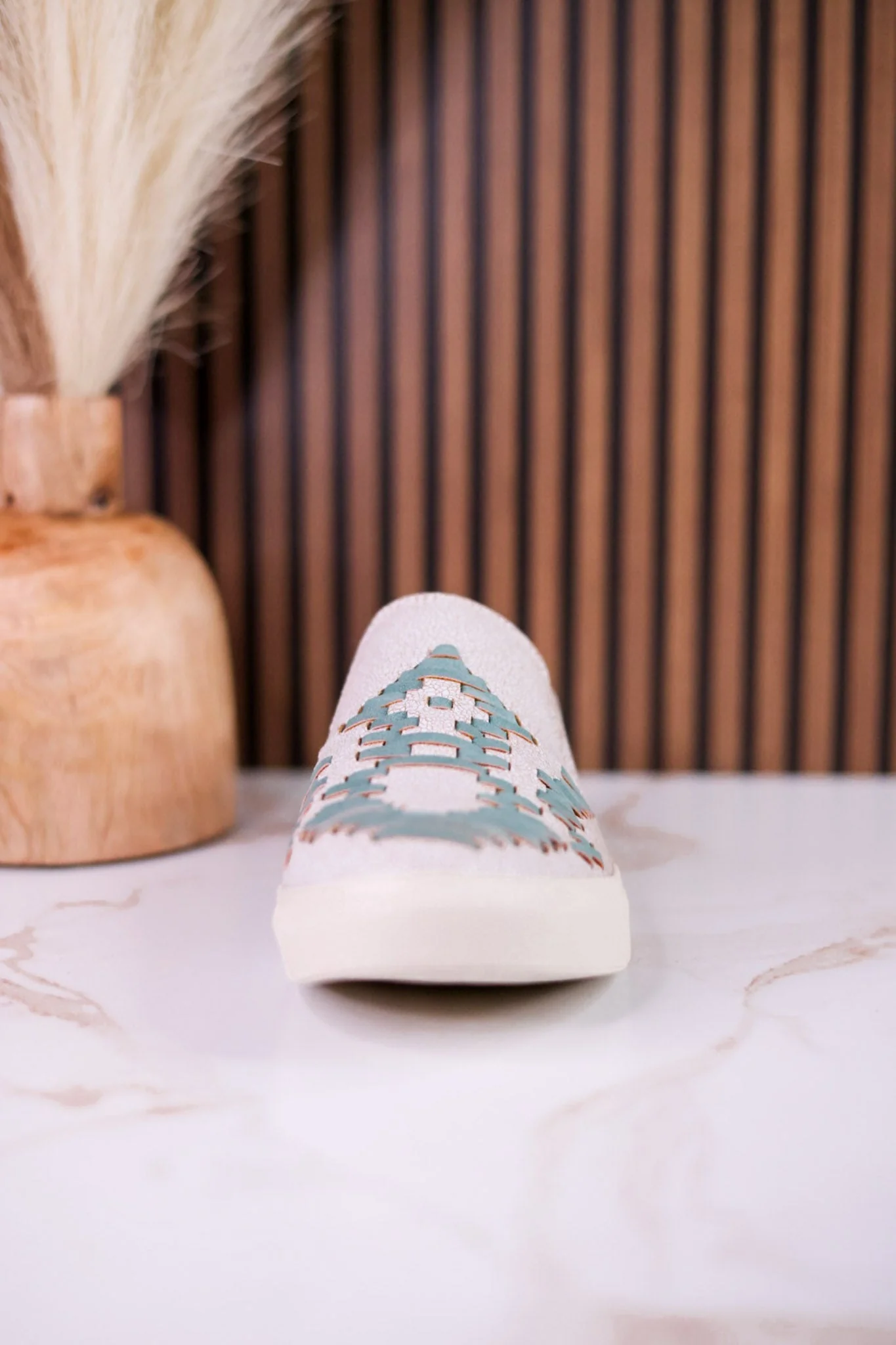 "Marian" Cream Crackle Mule Sneakers With Turquoise Aztec Pattern - Image 9