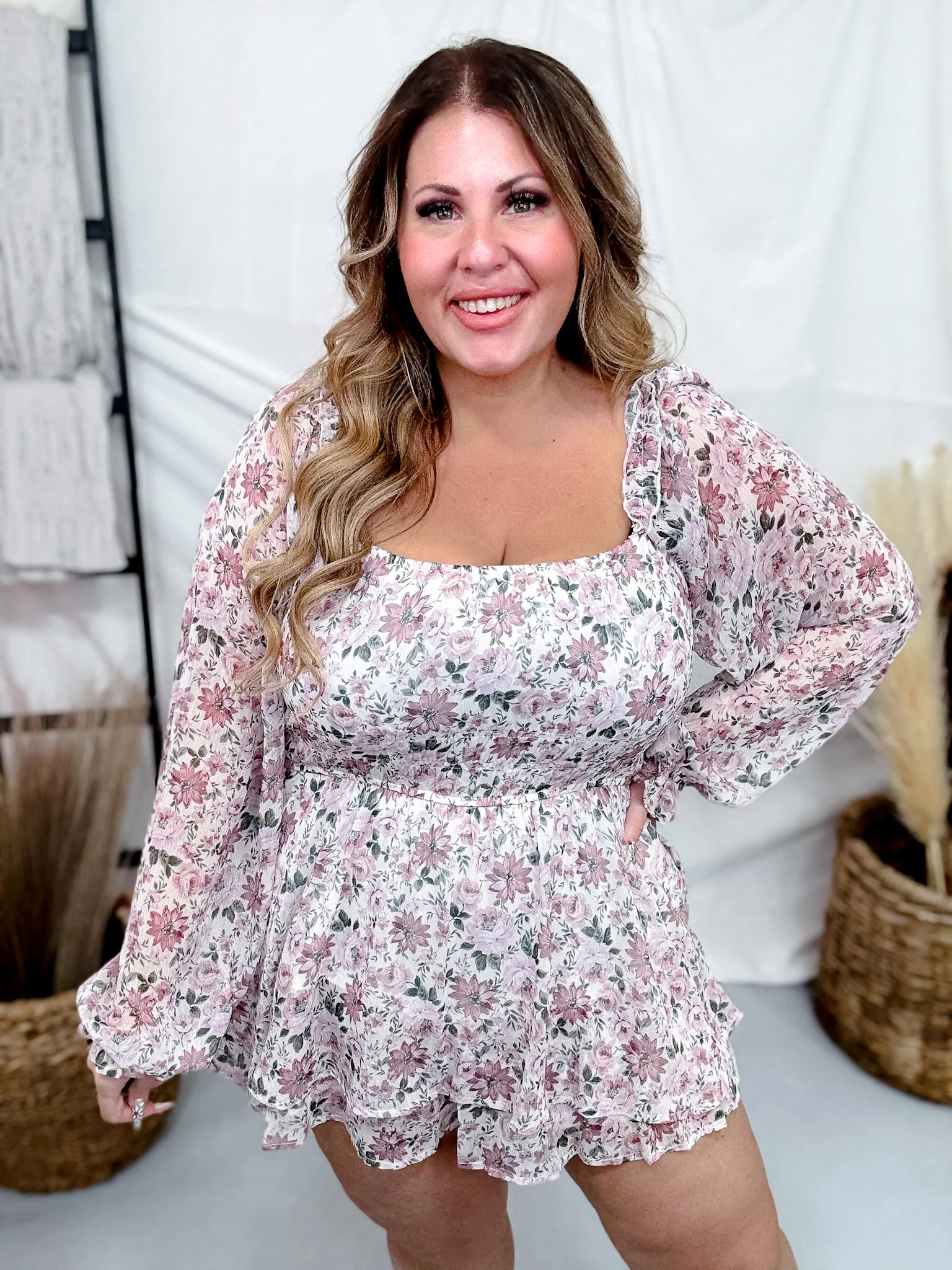 Mauve Floral Romper With Square Neckline FINAL SALE - Image 9