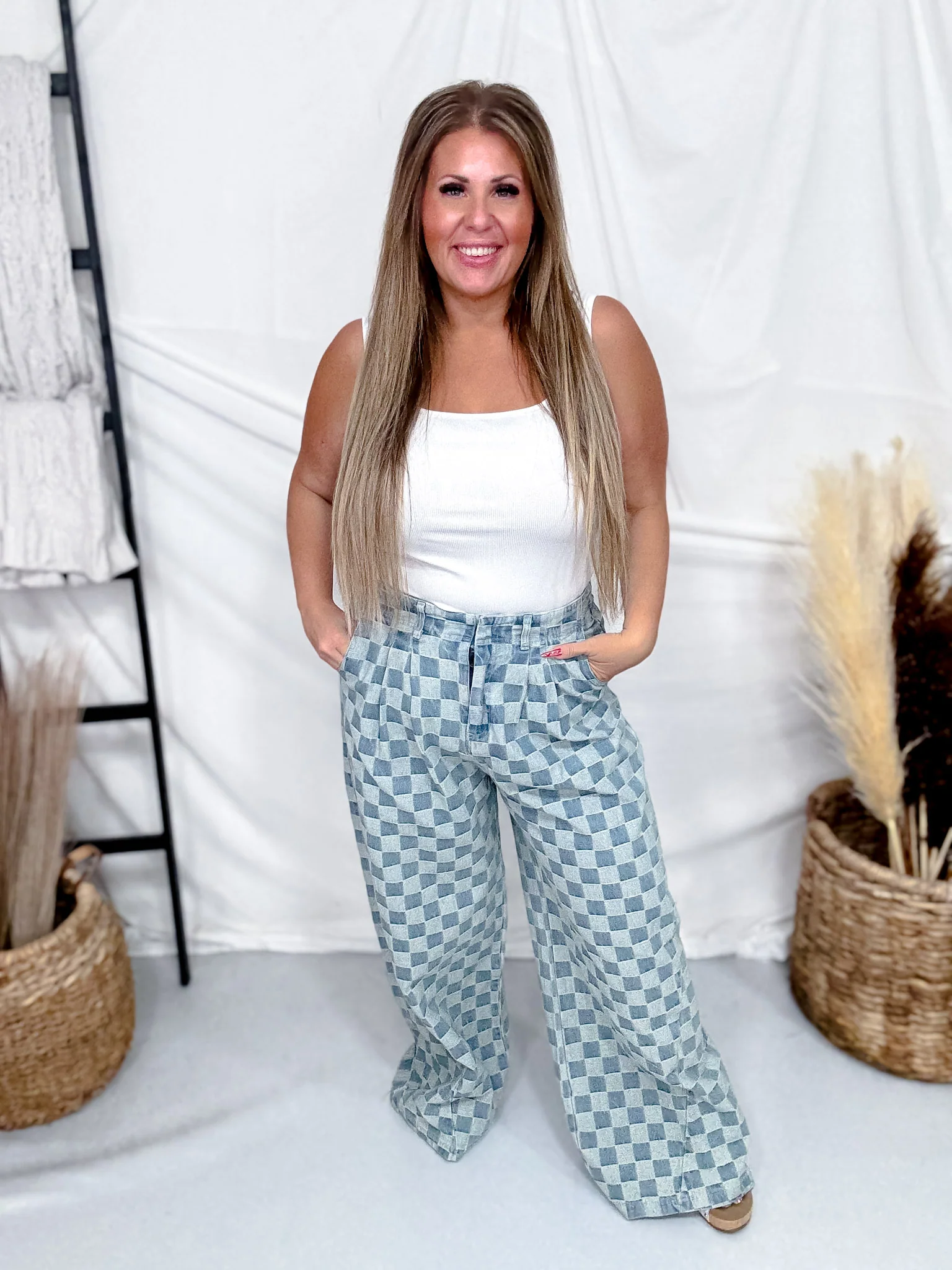 Mid Rise Wide Leg Checkered Denim Pants - Image 9