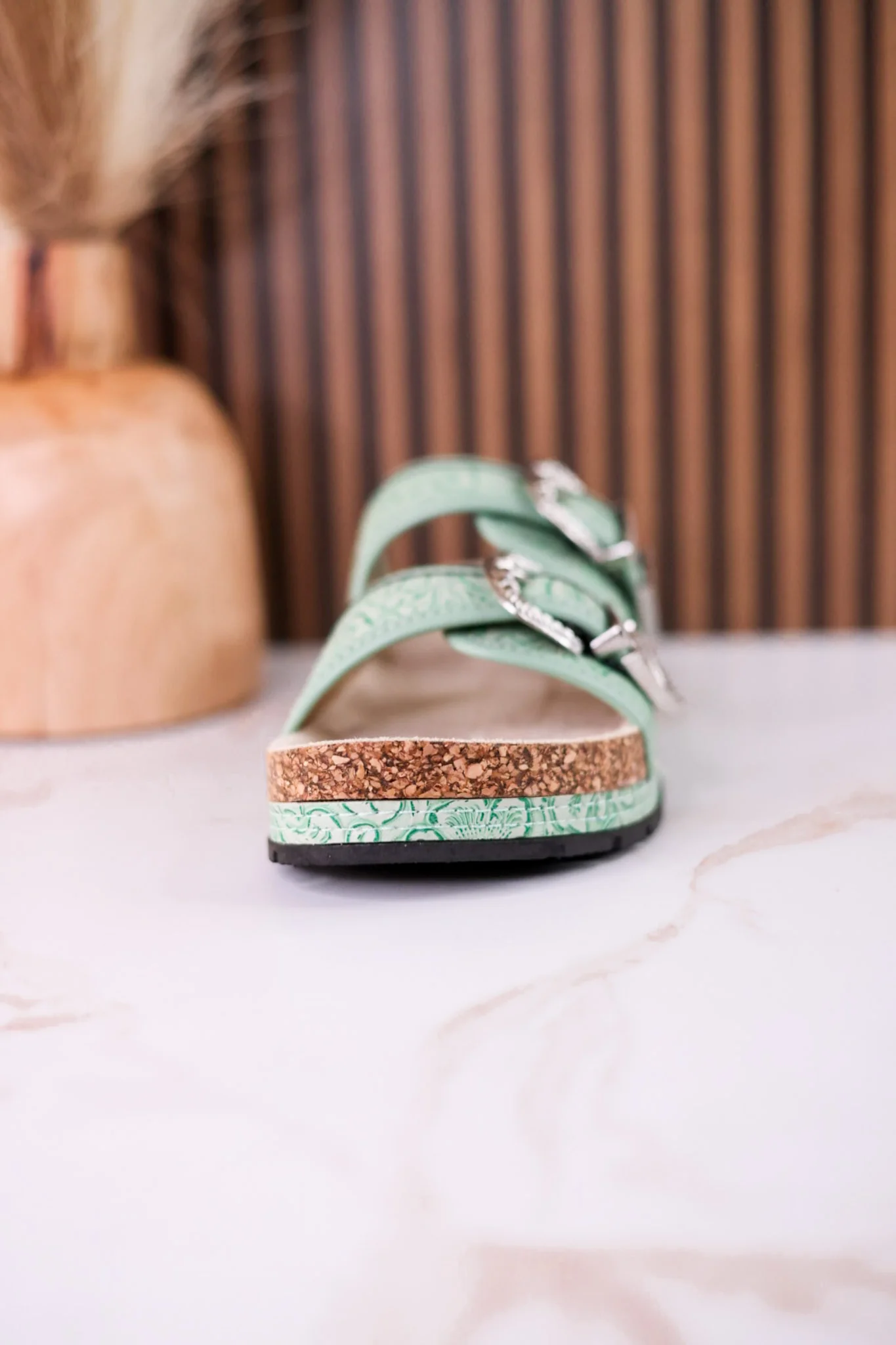 Mint Green "Morgana" Dual Strap Tooled Faux Leather Sandals - Image 8