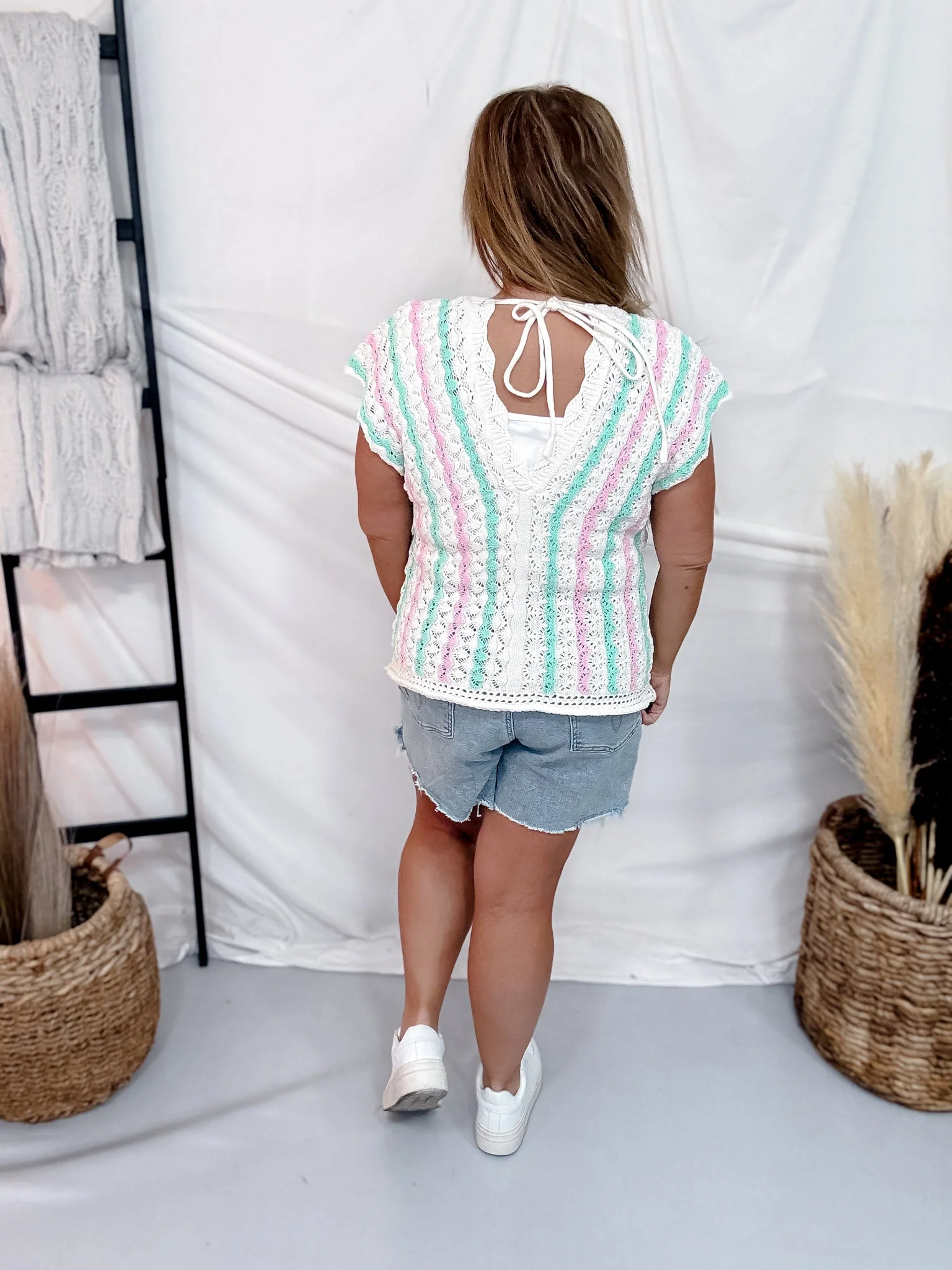 Mint & Pink Striped Crochet Top With Scalloped V-Neckline - Image 7
