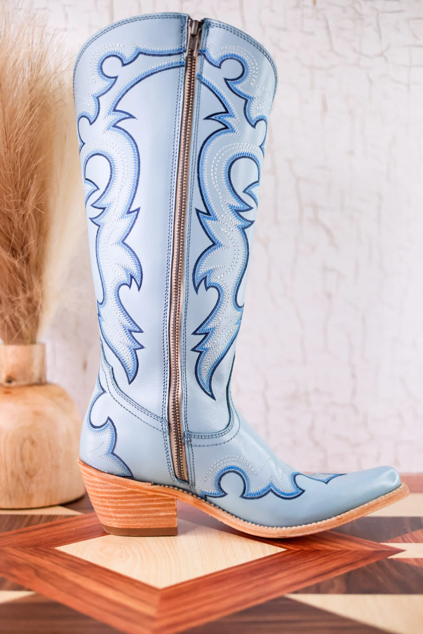 Missouri Pastel Azul Boot Stitch Wide Calf Leather Boots - Image 11