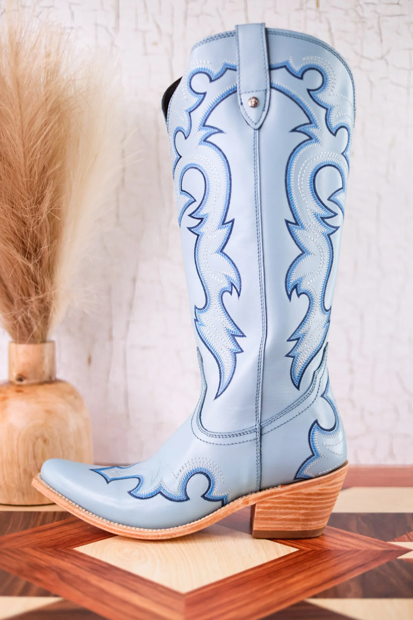 Missouri Pastel Azul Boot Stitch Wide Calf Leather Boots - Image 9