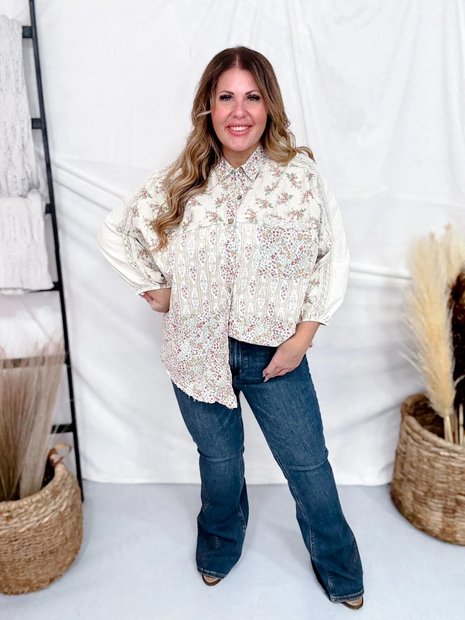 Mixed Floral Patchwork Button Down Shirt In Ecru - Image 6
