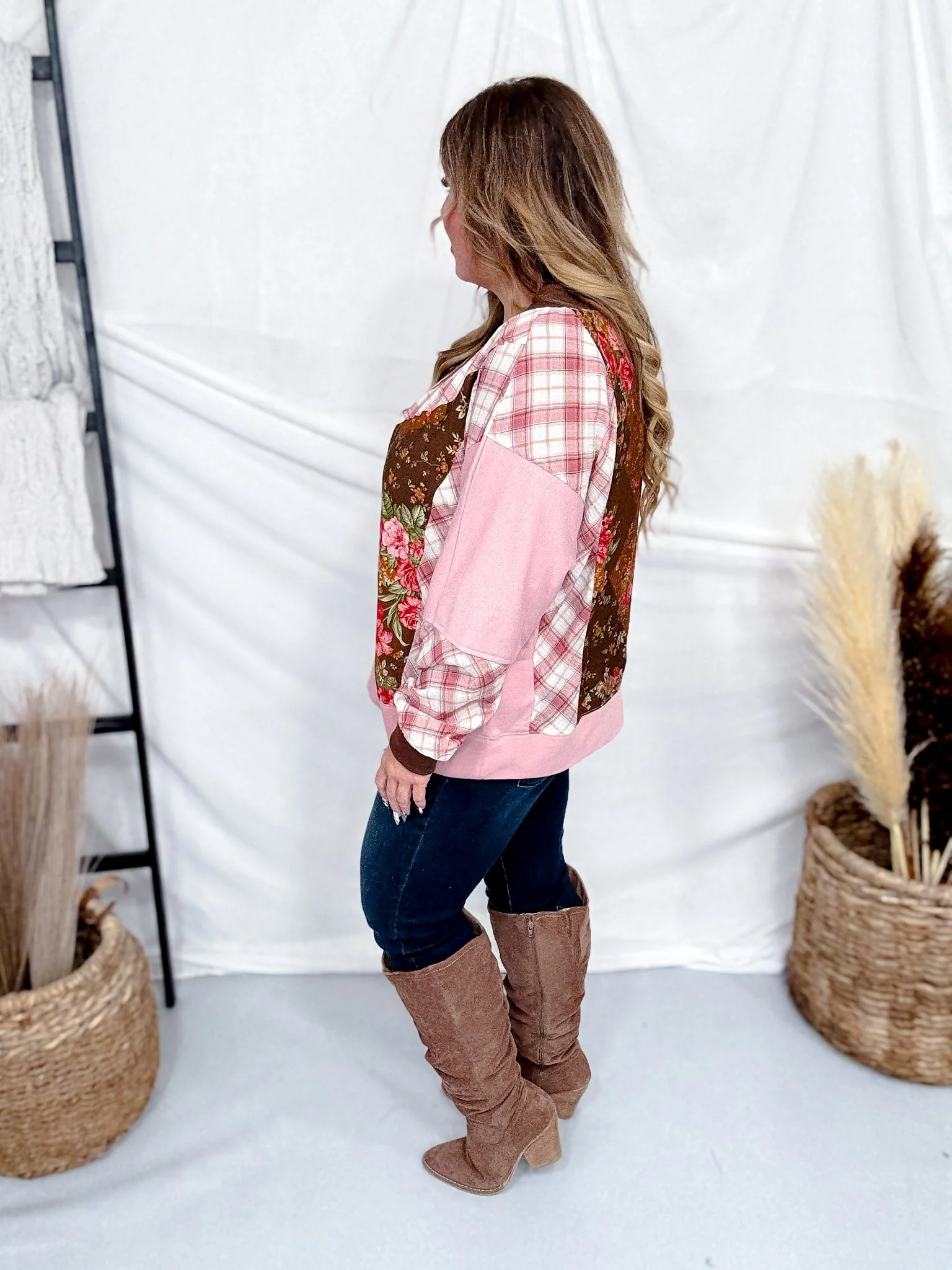 Mixed Plaid & Floral Print V-Neck Long Sleeve Top FINAL SALE - Image 6
