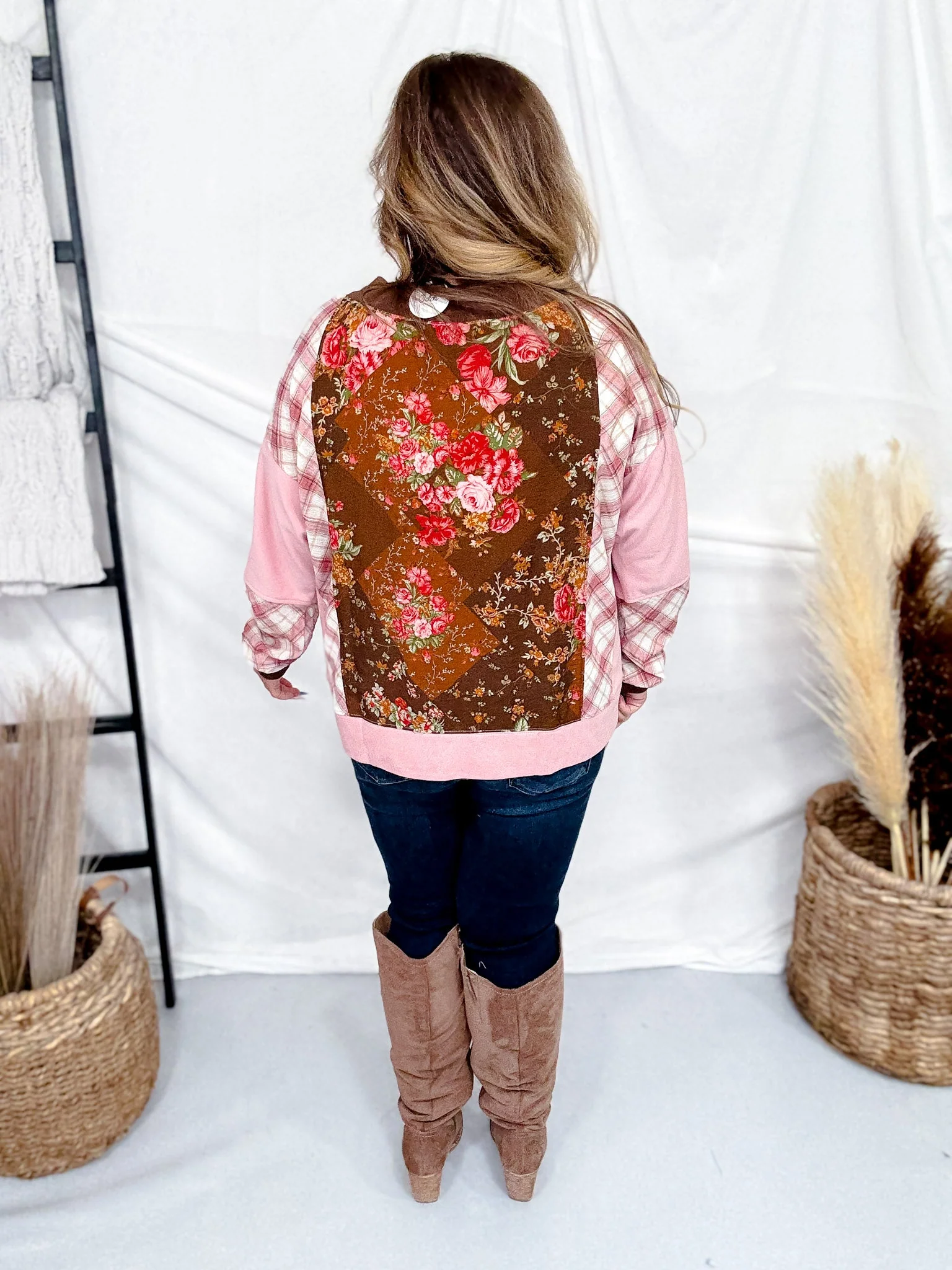 Mixed Plaid & Floral Print V-Neck Long Sleeve Top FINAL SALE - Image 7