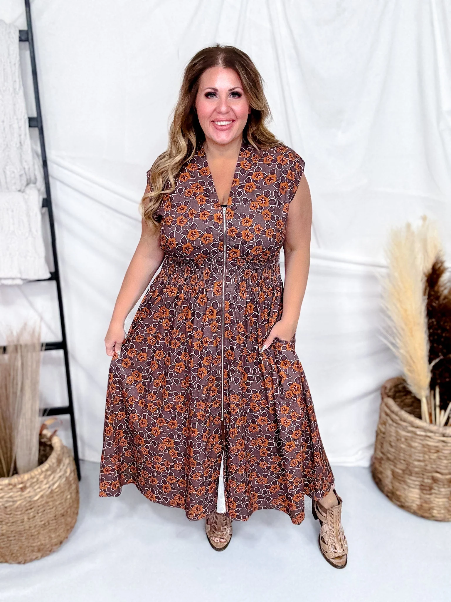 Mocha & Caramel Floral Print Zip Front Midi Dress FINAL SALE - Image 2