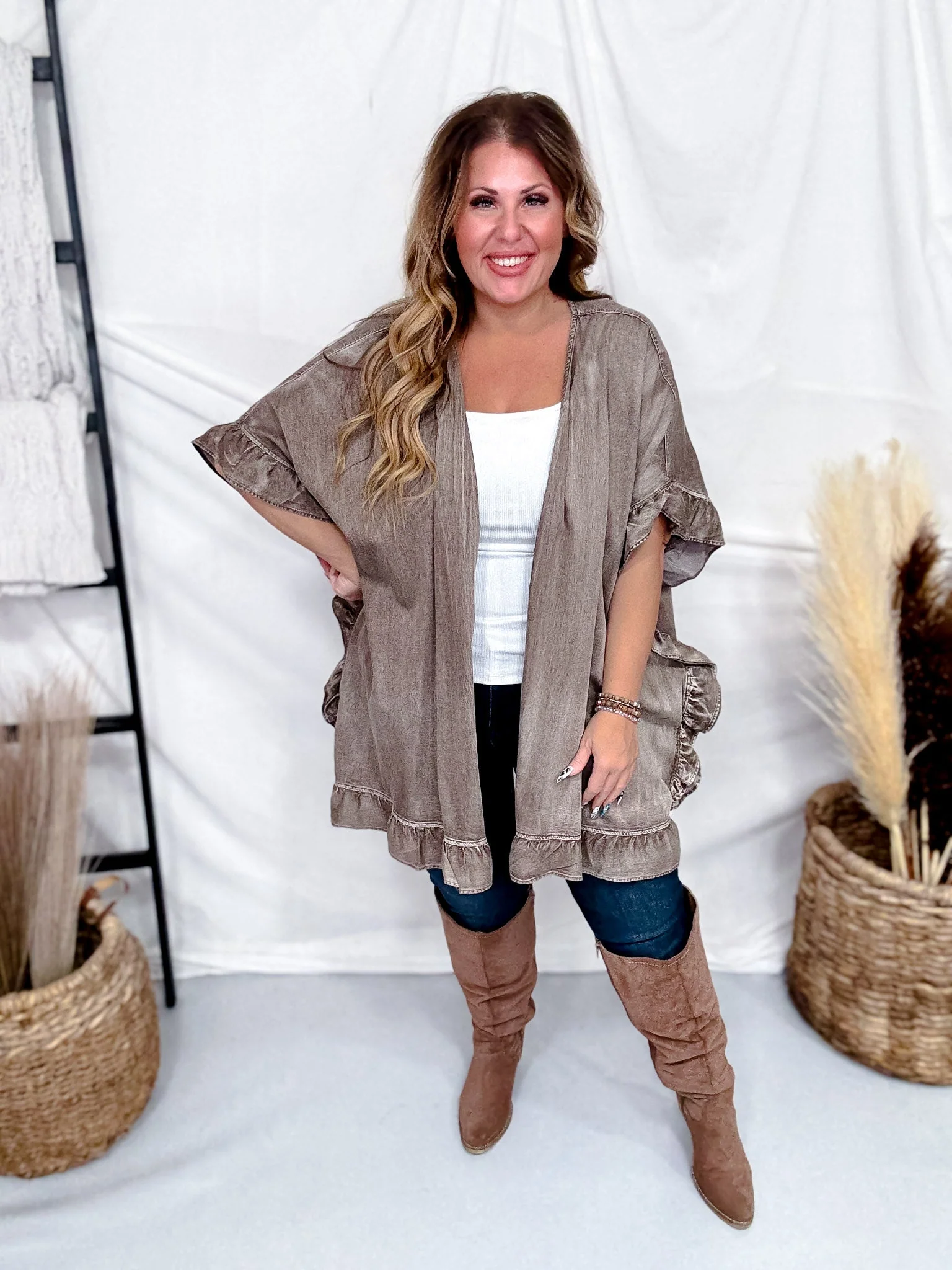 Mocha Ruffled Hem Cardigan With Star Patch Back FINAL SALE - Image 3