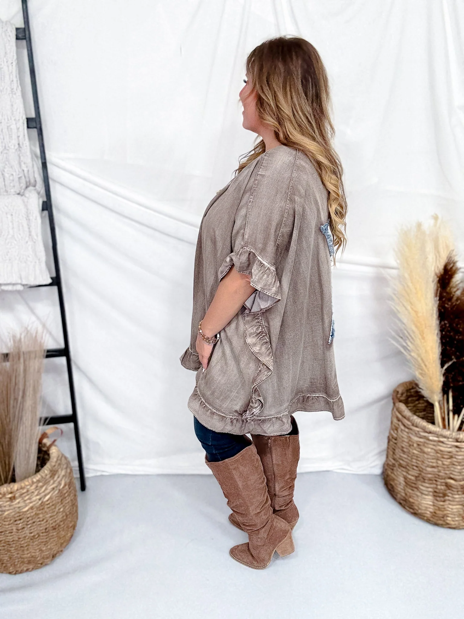 Mocha Ruffled Hem Cardigan With Star Patch Back FINAL SALE - Image 4