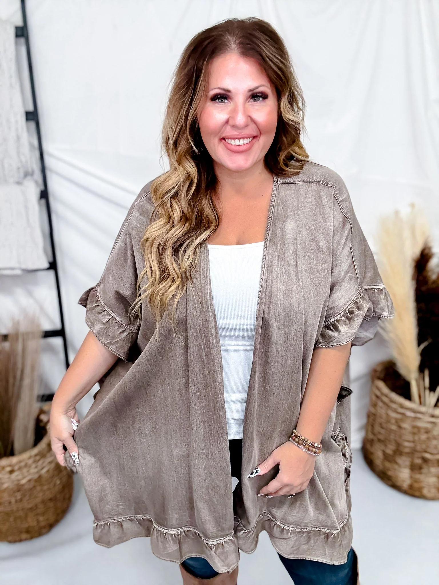 Mocha Ruffled Hem Cardigan With Star Patch Back FINAL SALE - Image 7