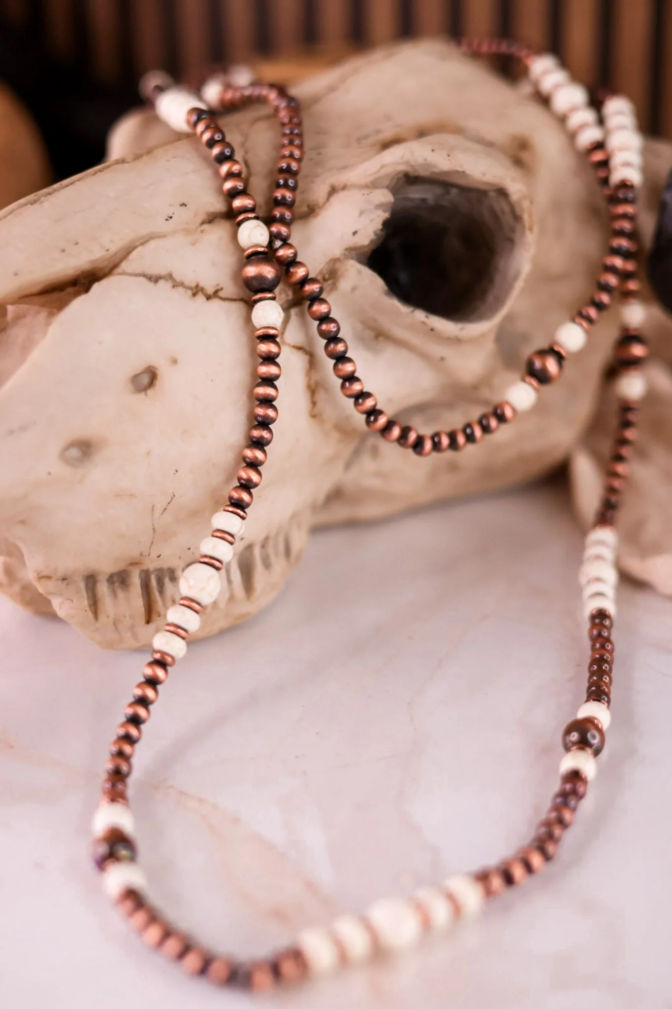 Cowgirl Pearl And Stone Bead Long Necklace In Copper