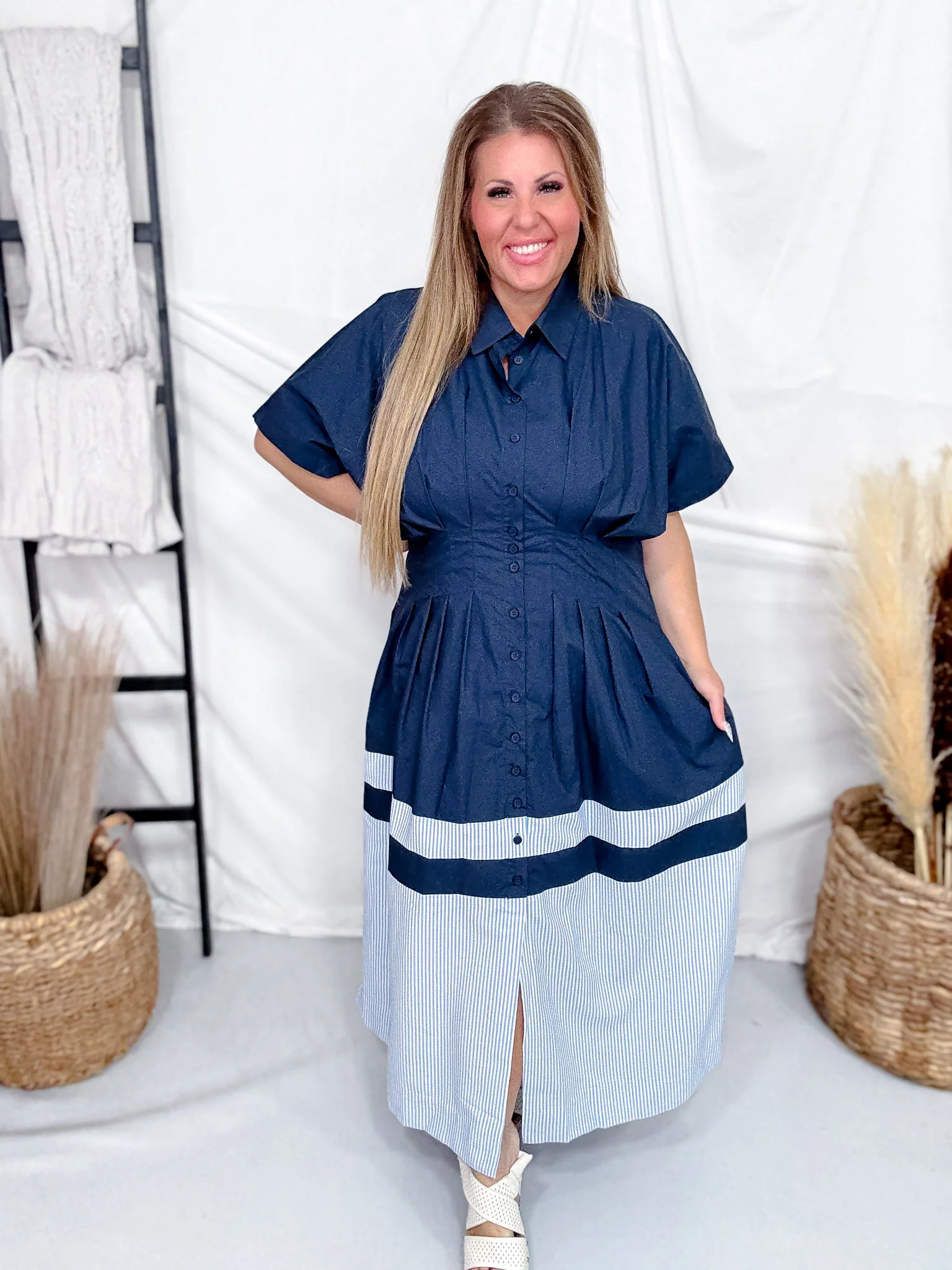 Navy Blue Ruched Waist Shirt Dress FINAL SALE - Image 3