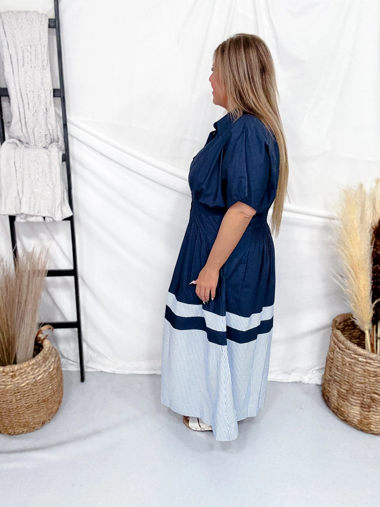 Navy Blue Ruched Waist Shirt Dress FINAL SALE - Image 4