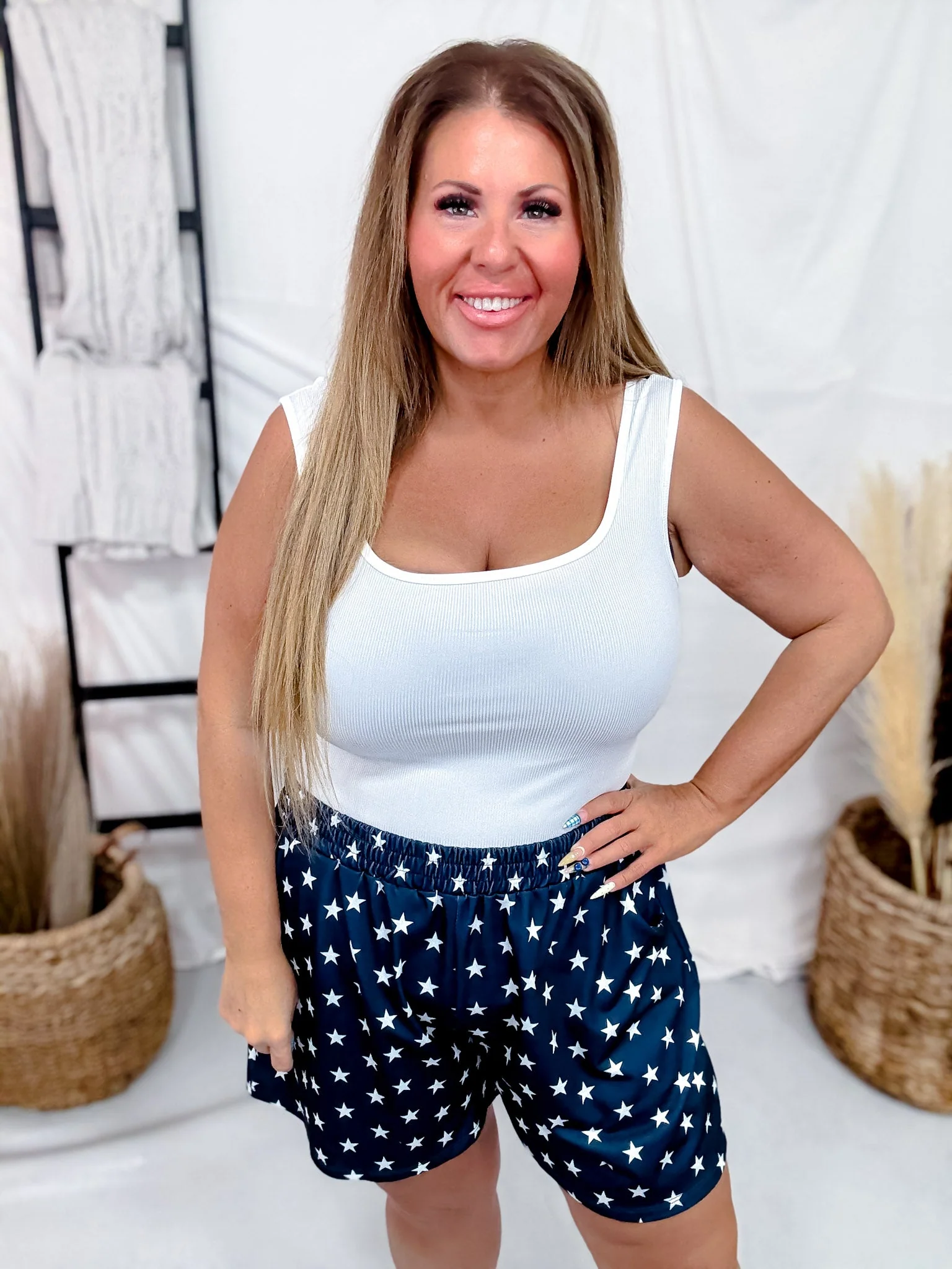 Navy Blue Star Print Elastic Waist Shorts FINAL SALE - Image 2