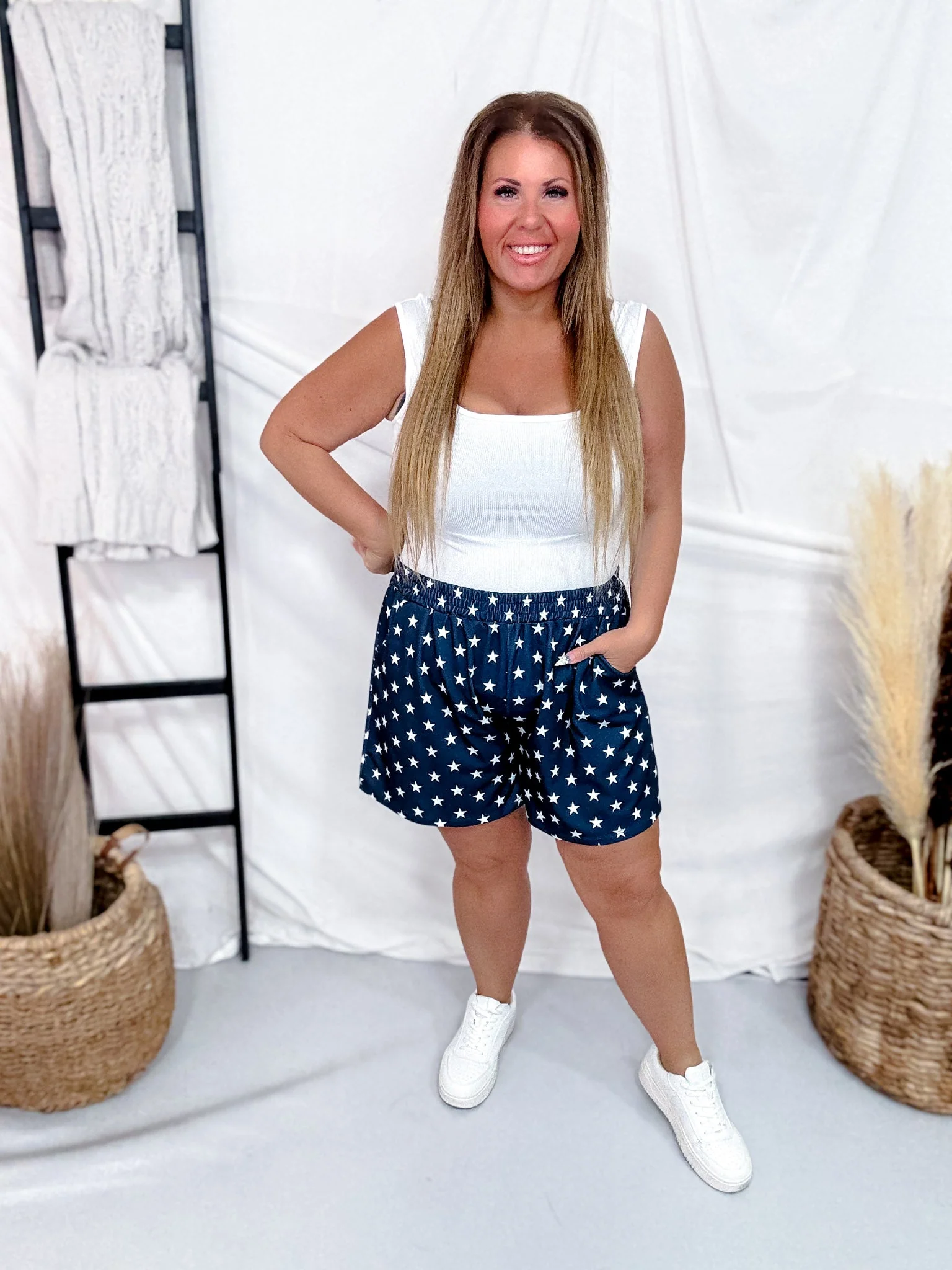 Navy Blue Star Print Elastic Waist Shorts FINAL SALE - Image 3
