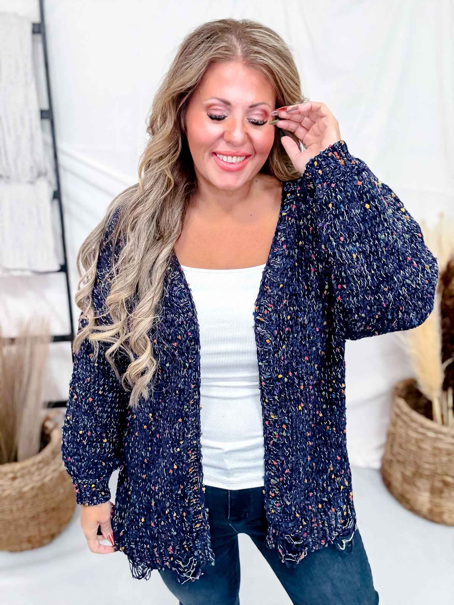 Navy Chenille Destroyed Cardigan With Rainbow Popcorn Texture FINAL SALE - Image 4