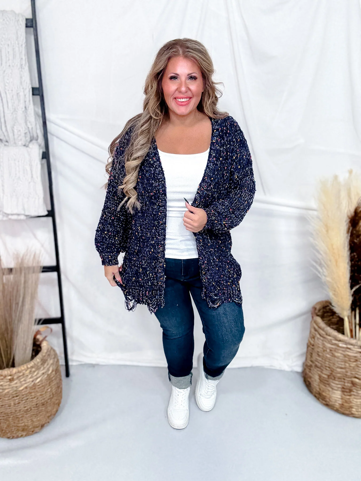 Navy Chenille Destroyed Cardigan With Rainbow Popcorn Texture FINAL SALE - Image 5