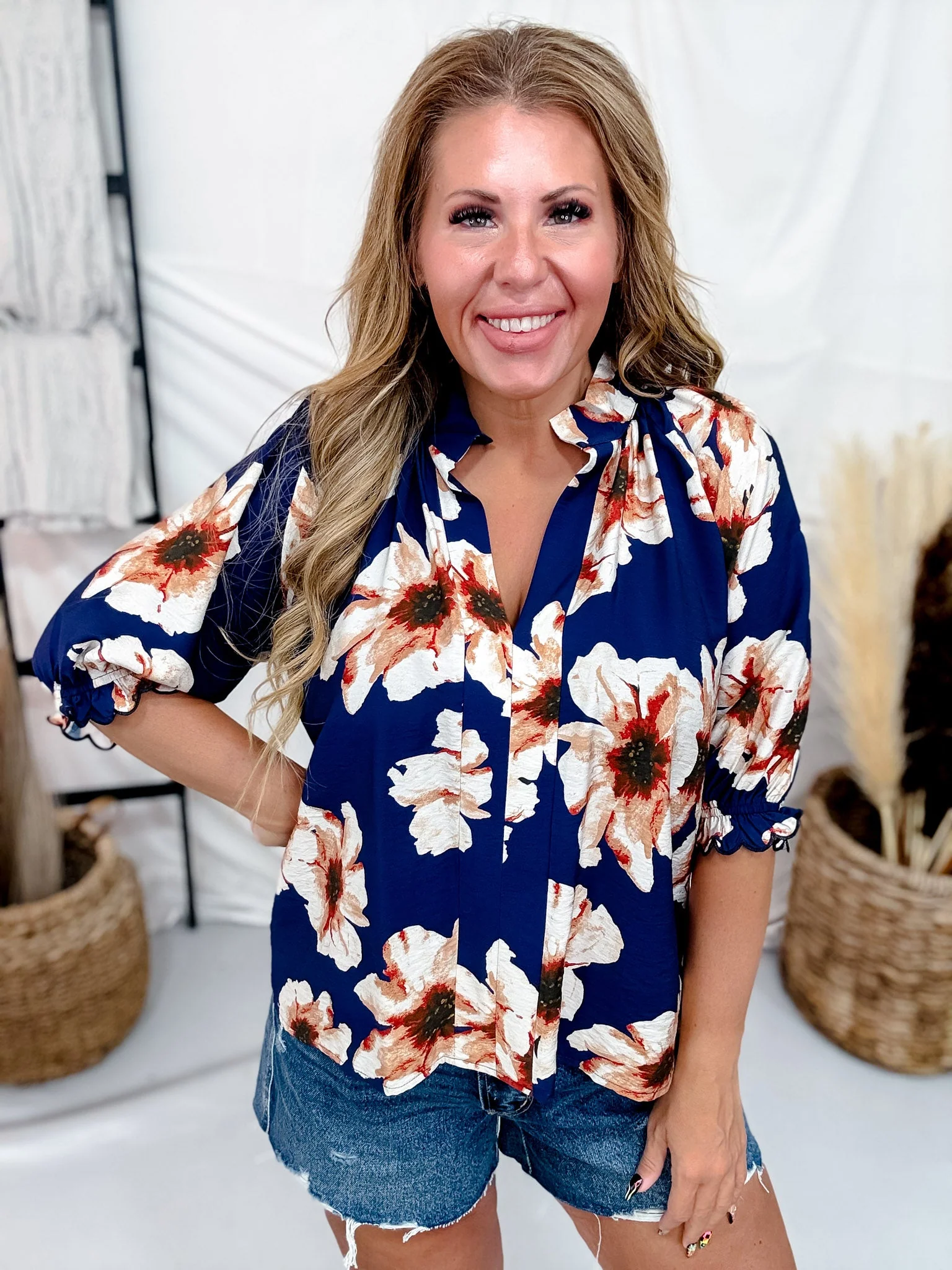 Navy & Cream Floral Print Split V-Neck Blouse