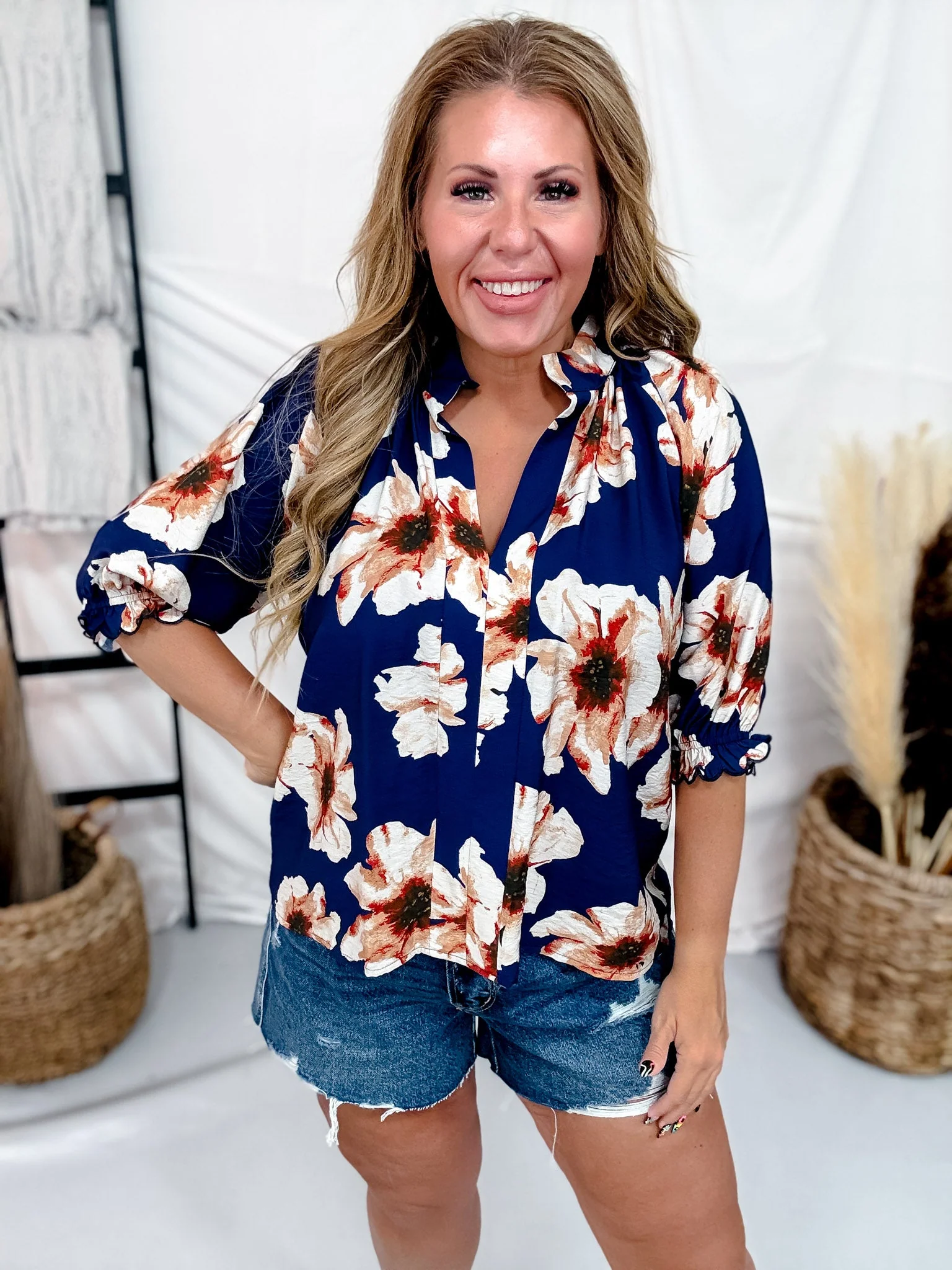 Navy & Cream Floral Print Split V-Neck Blouse - Image 5