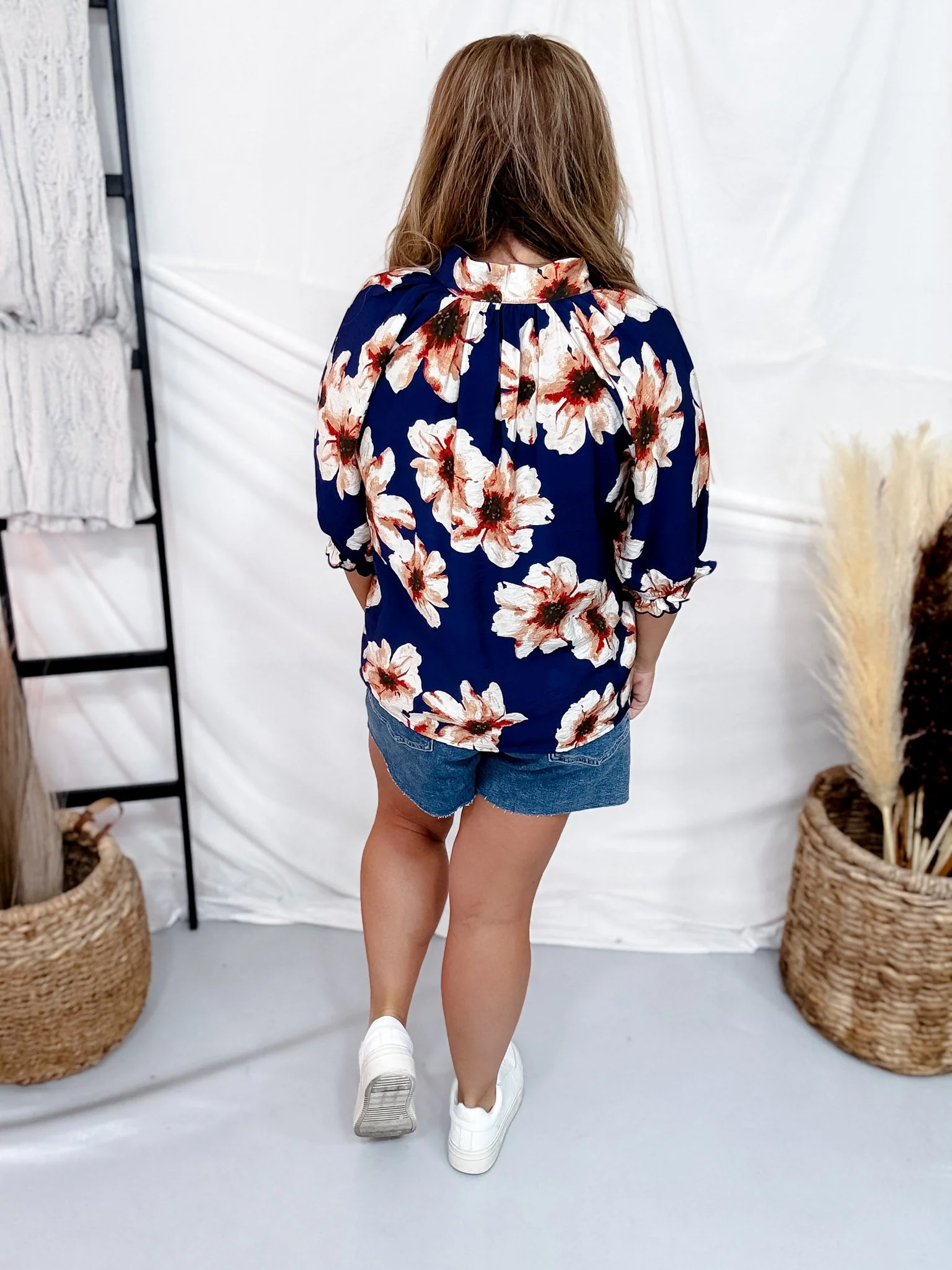 Navy & Cream Floral Print Split V-Neck Blouse - Image 7