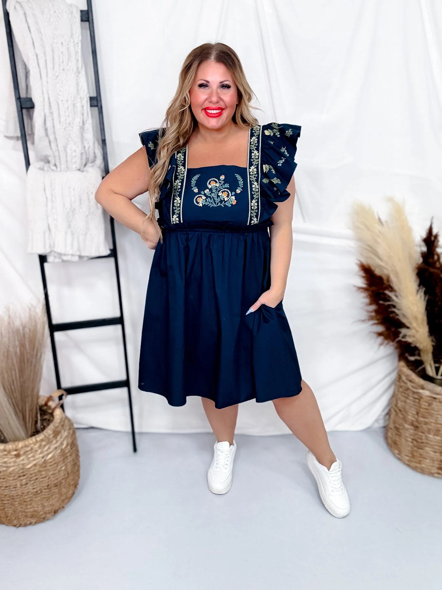 Navy Poplin Mini Dress W/ Embroider Detail & Ruffle Sleeves FINAL SALE - Image 2