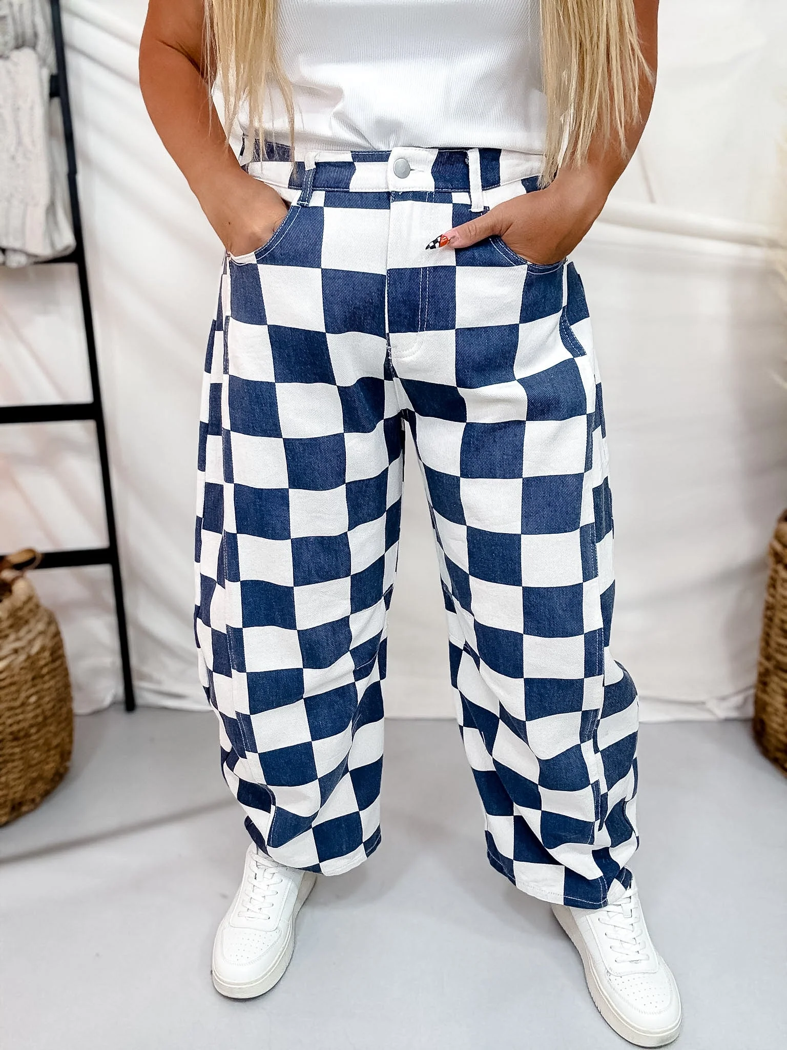 Navy & White Checker Print Barrel Leg Jeans - Image 6