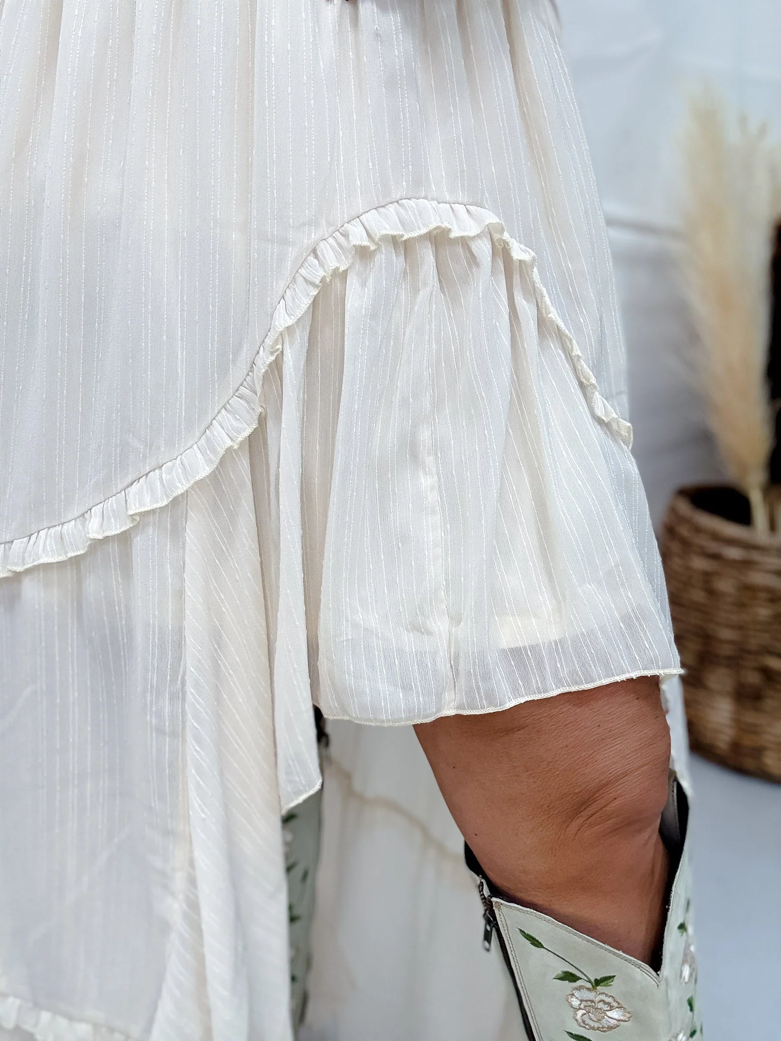 Nude Pinstriped Woven Ruffle High-Low Skirt - Image 3