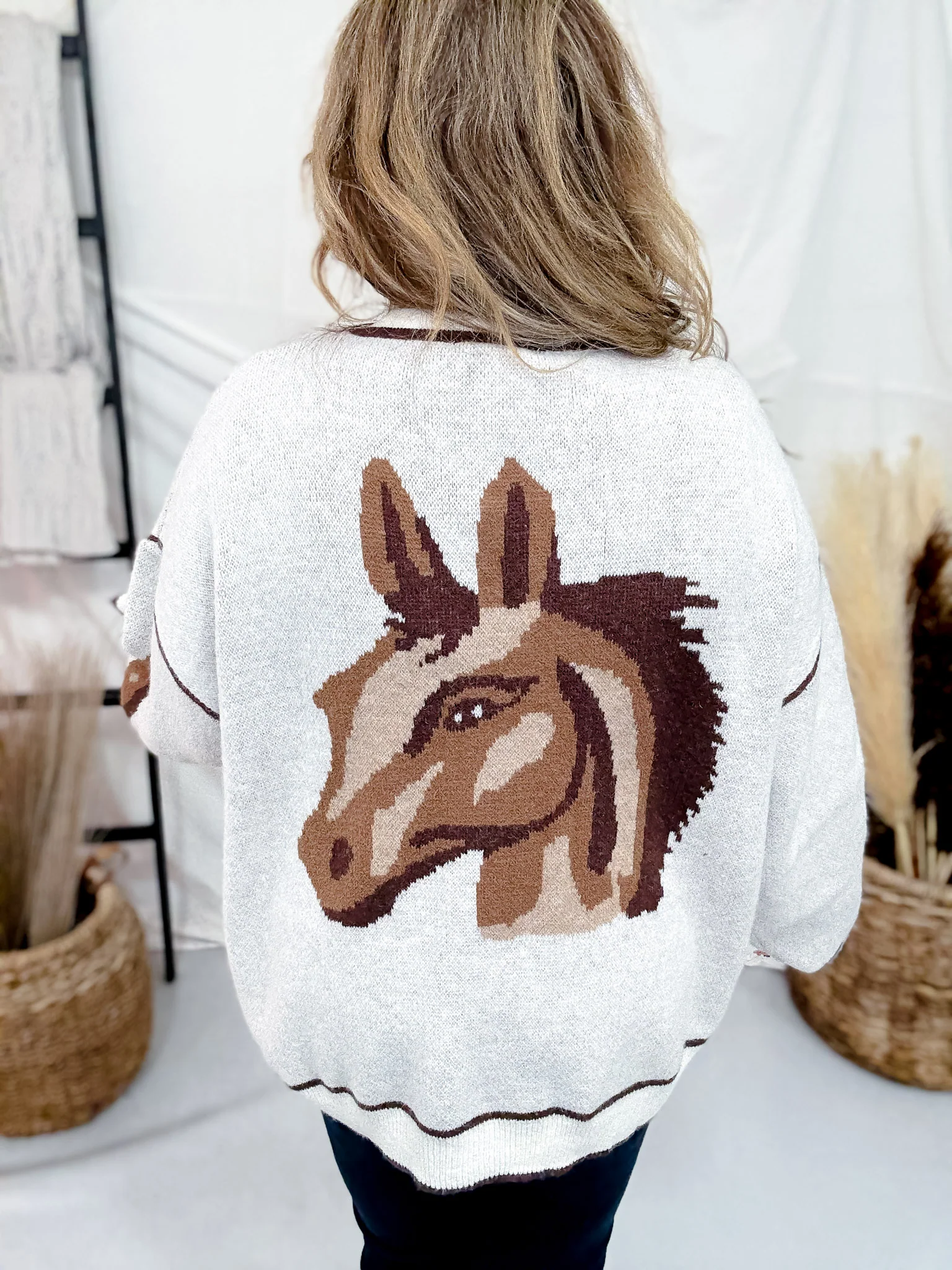 Oatmeal & Brown Button Down Horse Cardigan FINAL SALE - Image 2