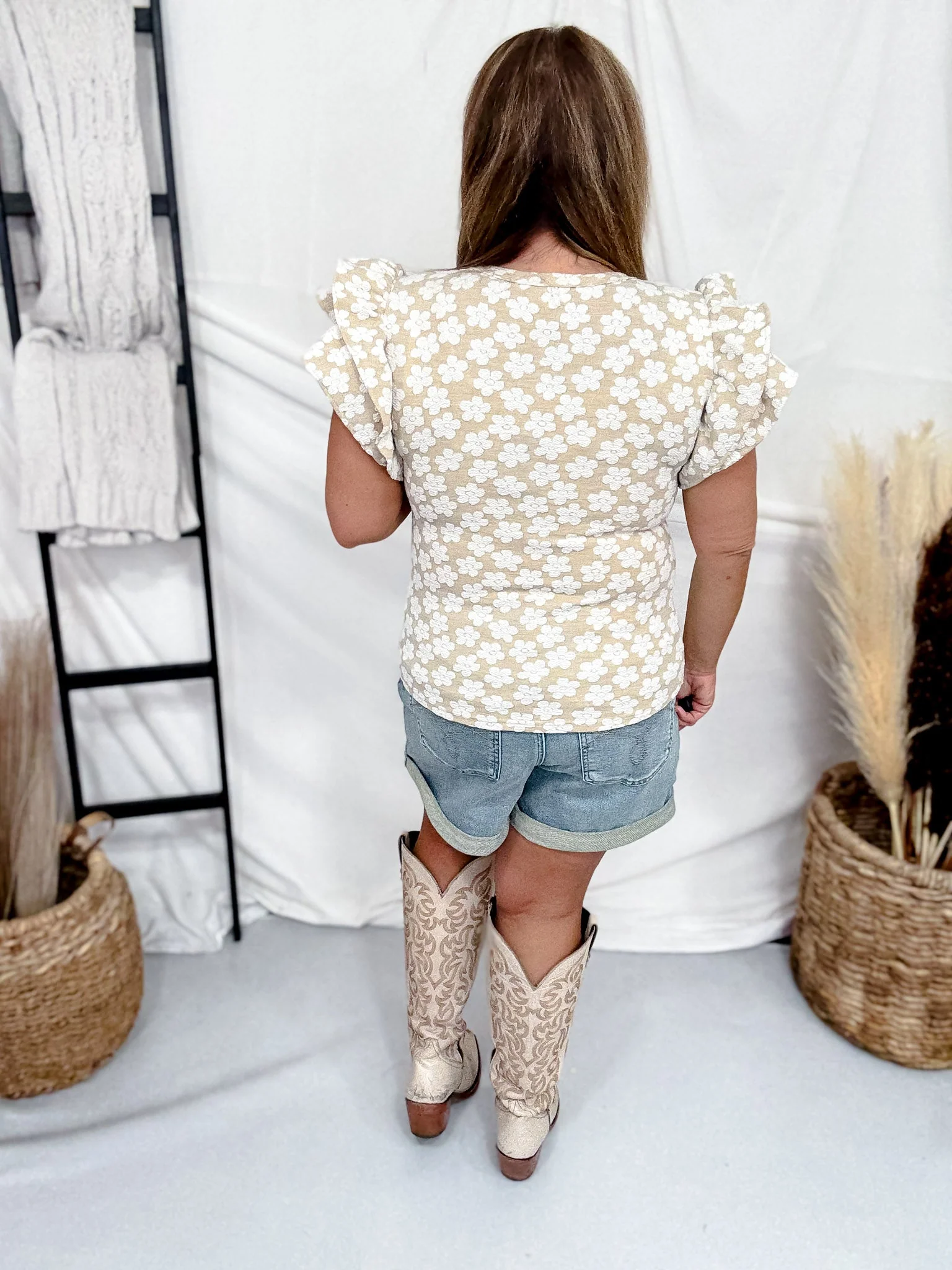 Oatmeal & Ivory Floral Jaquard Top With Ruffle Sleeves - Image 6