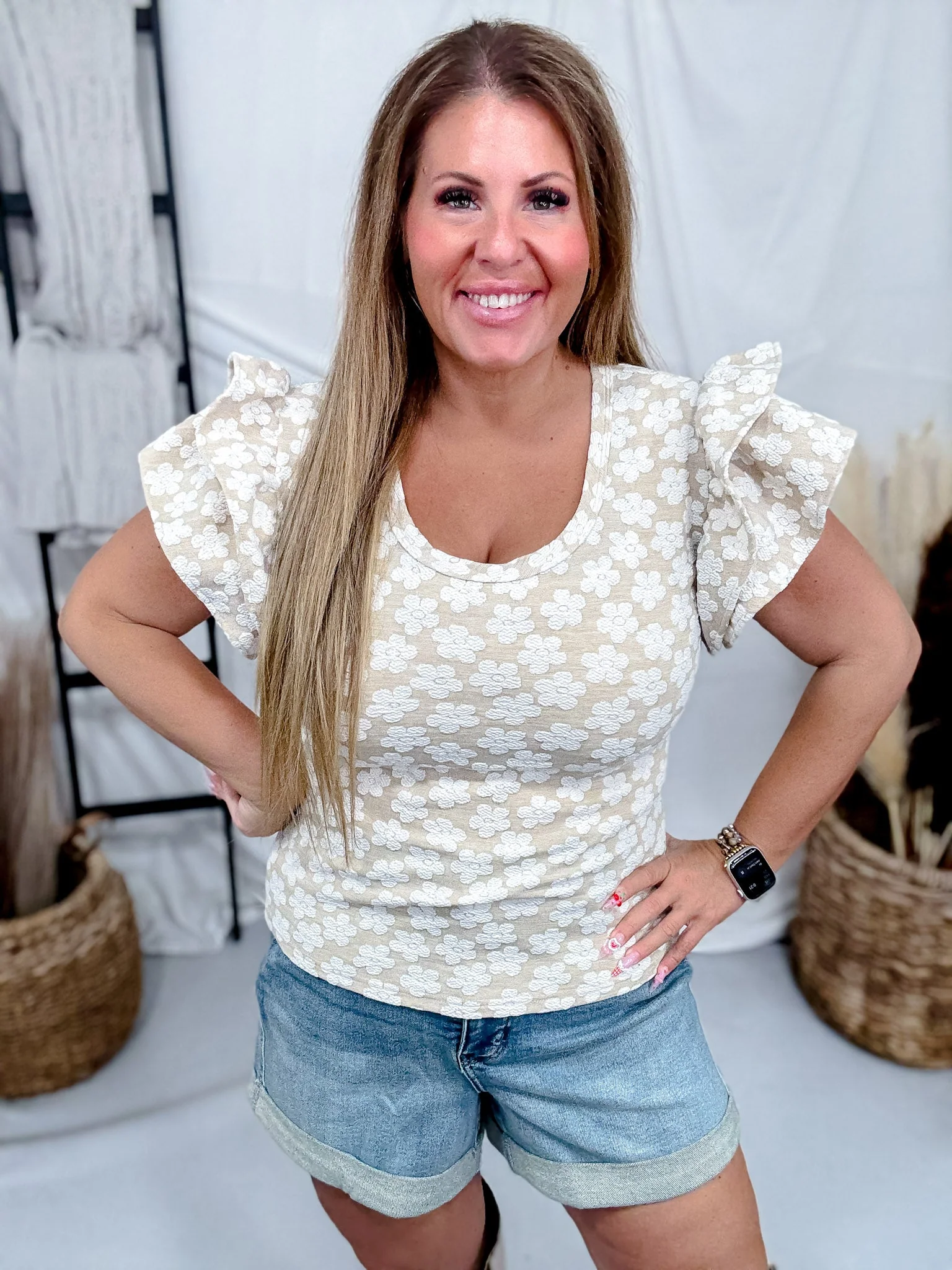 Oatmeal & Ivory Floral Jaquard Top With Ruffle Sleeves - Image 7