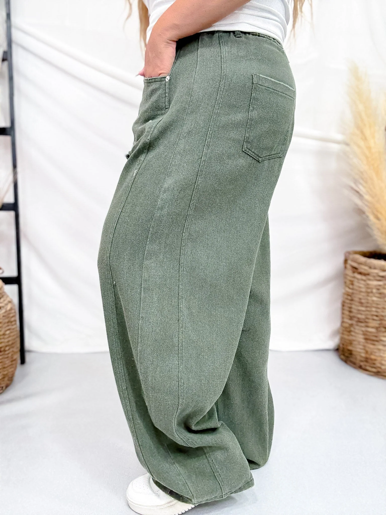 Olive Acid Washed Barrel Leg Denim Pants FINAL SALE - Image 4