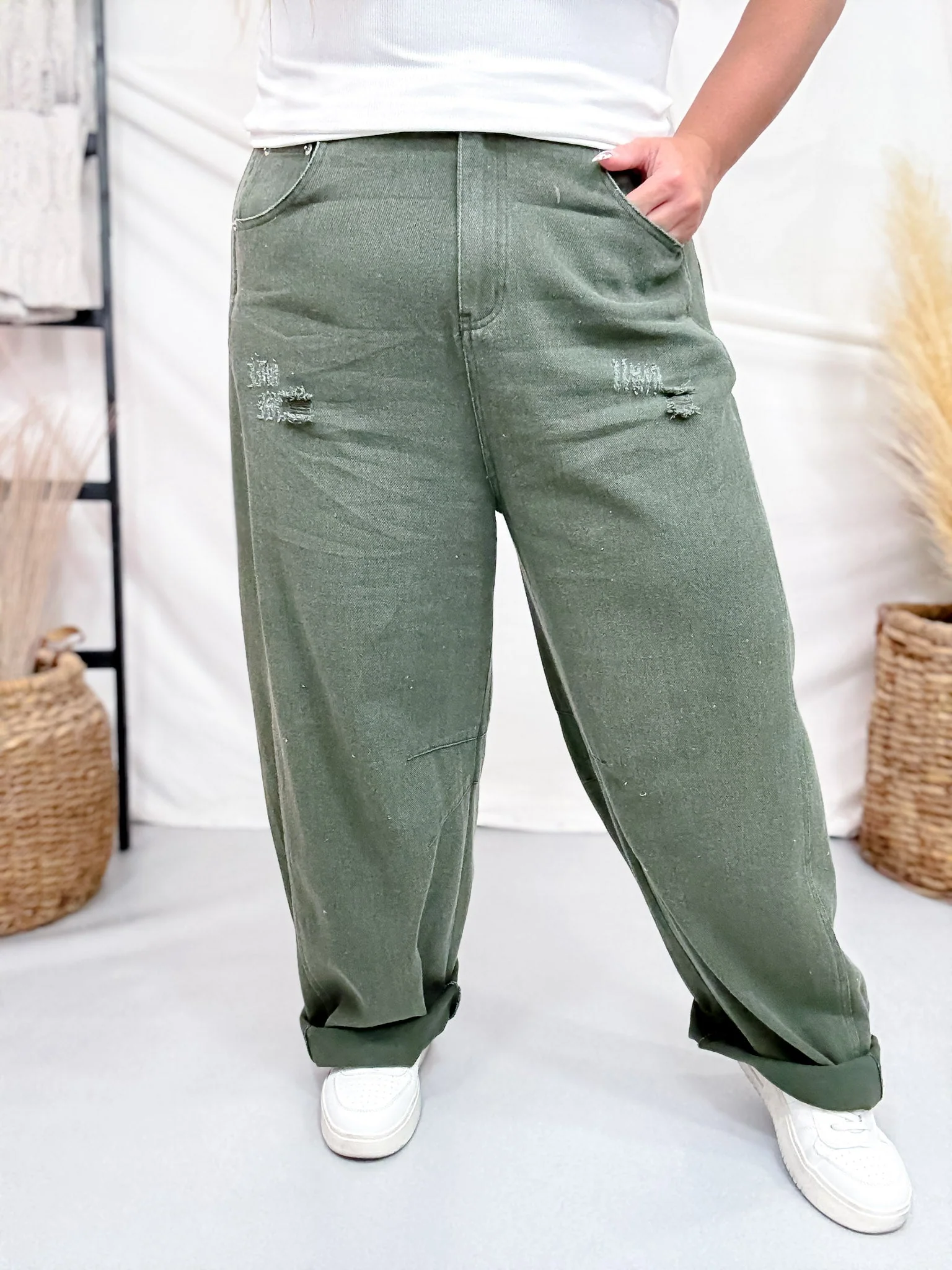 Olive Acid Washed Barrel Leg Denim Pants FINAL SALE - Image 6