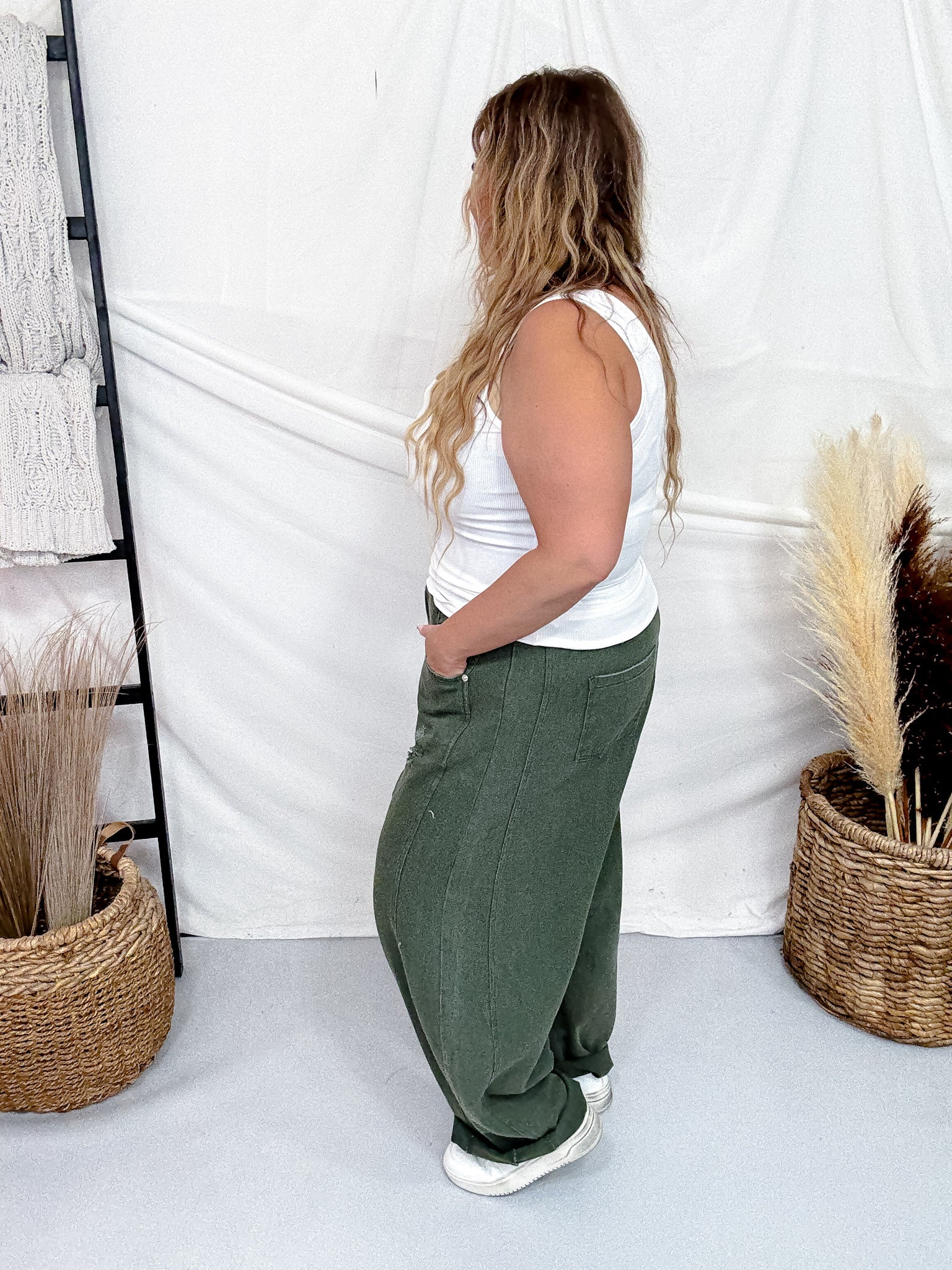 Olive Acid Washed Barrel Leg Denim Pants FINAL SALE - Image 9