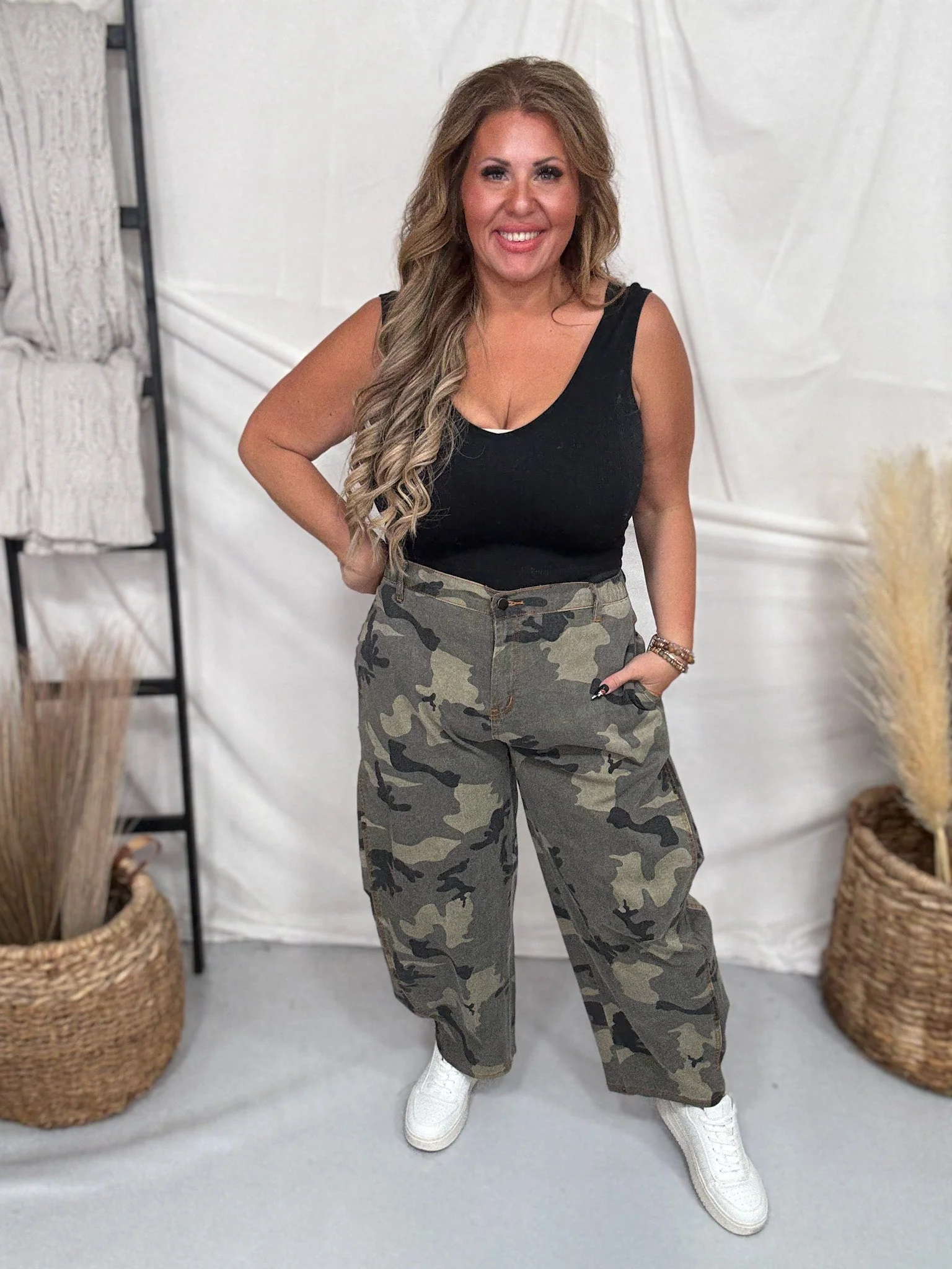 Olive & Gray Camo Print Cropped Barrel Leg Pants FINAL SALE - Image 13
