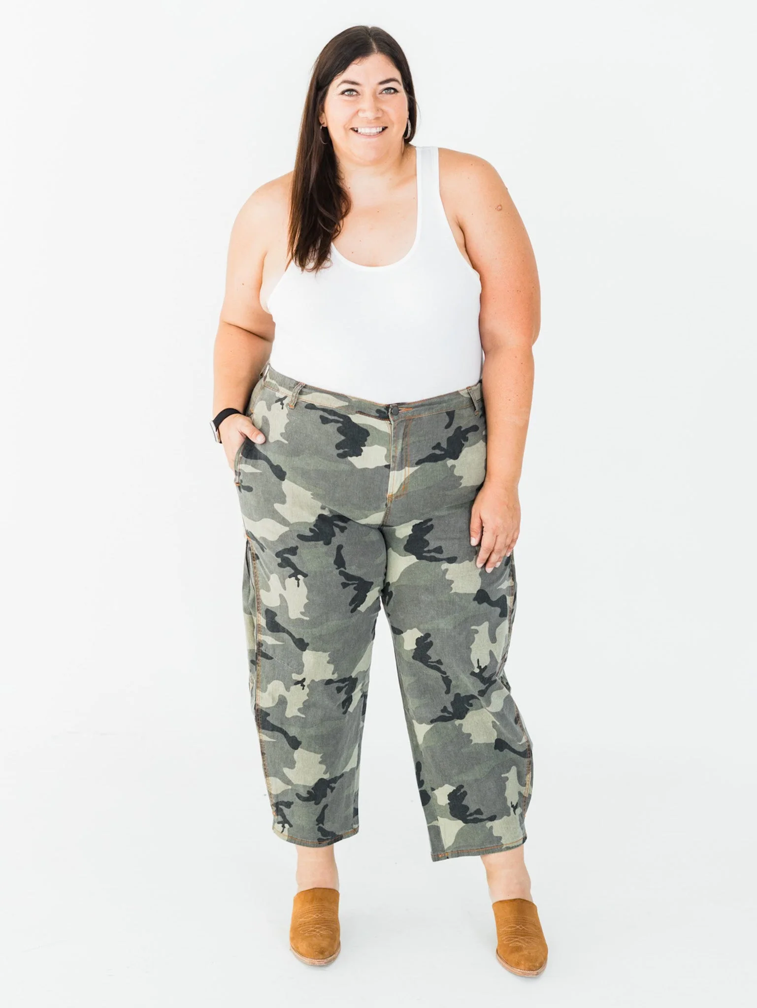 Olive & Gray Camo Print Cropped Barrel Leg Pants FINAL SALE - Image 14