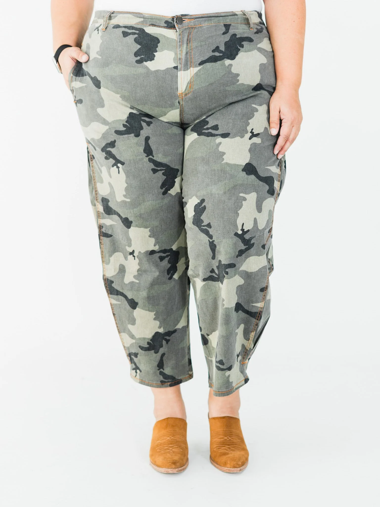 Olive & Gray Camo Print Cropped Barrel Leg Pants FINAL SALE - Image 15