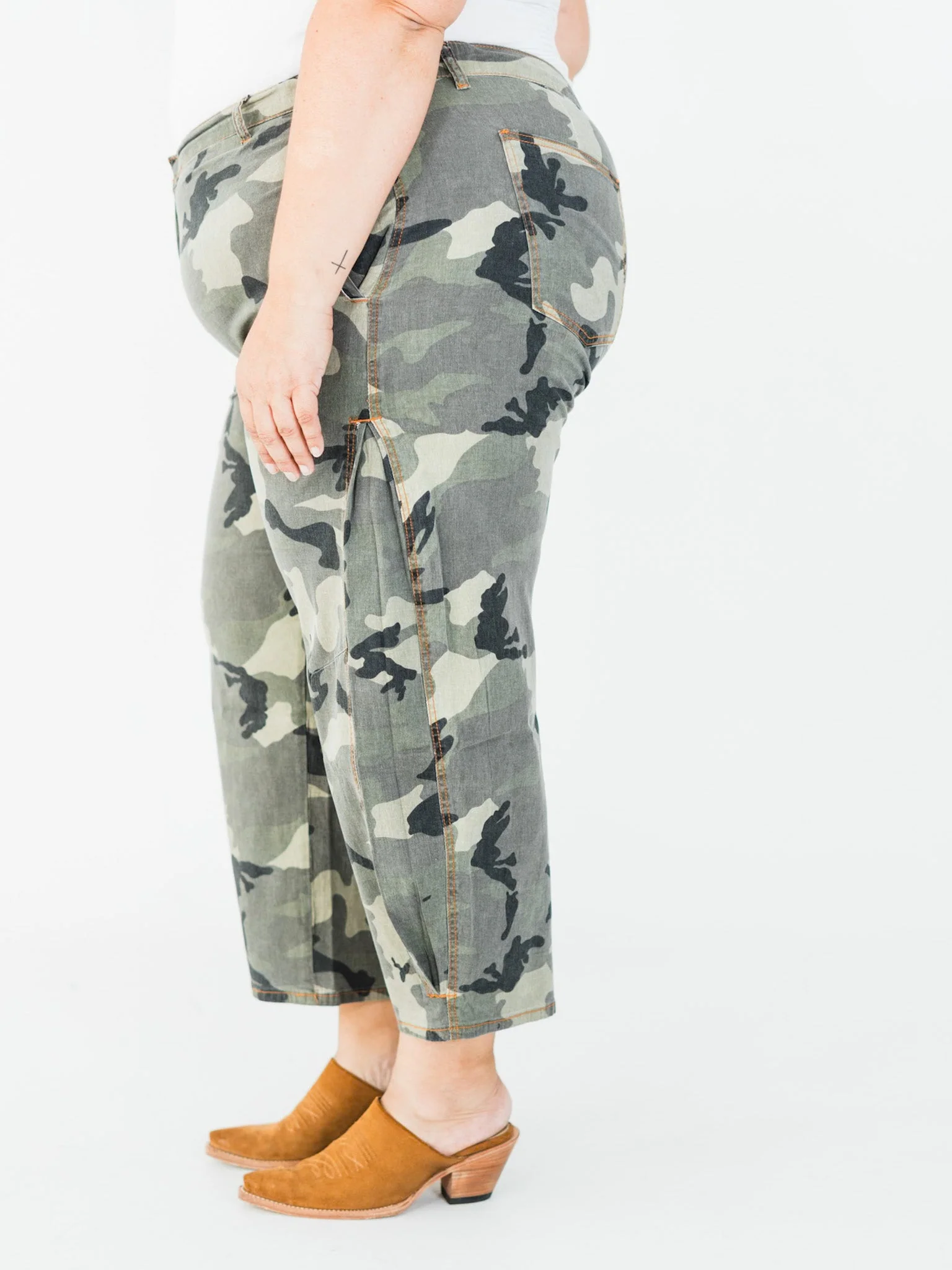 Olive & Gray Camo Print Cropped Barrel Leg Pants FINAL SALE - Image 16