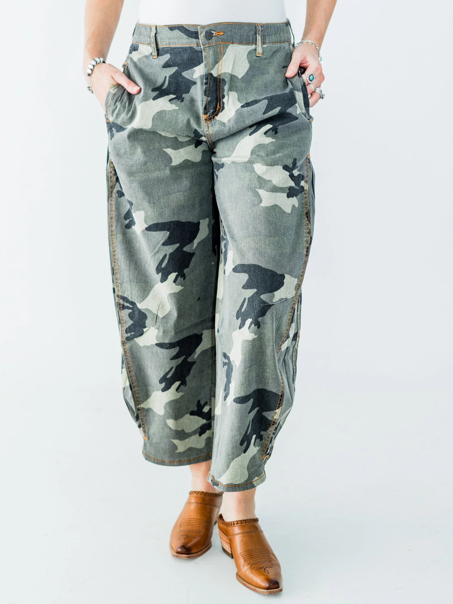 Olive & Gray Camo Print Cropped Barrel Leg Pants FINAL SALE - Image 3