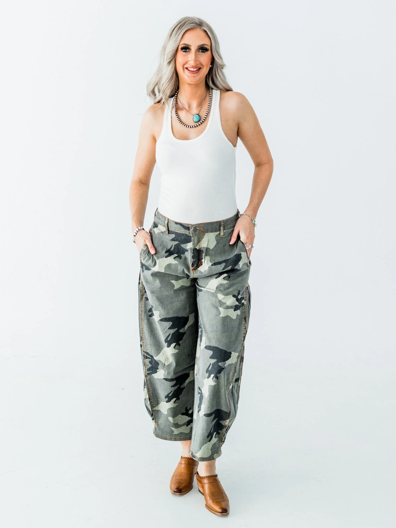 Olive & Gray Camo Print Cropped Barrel Leg Pants FINAL SALE - Image 4