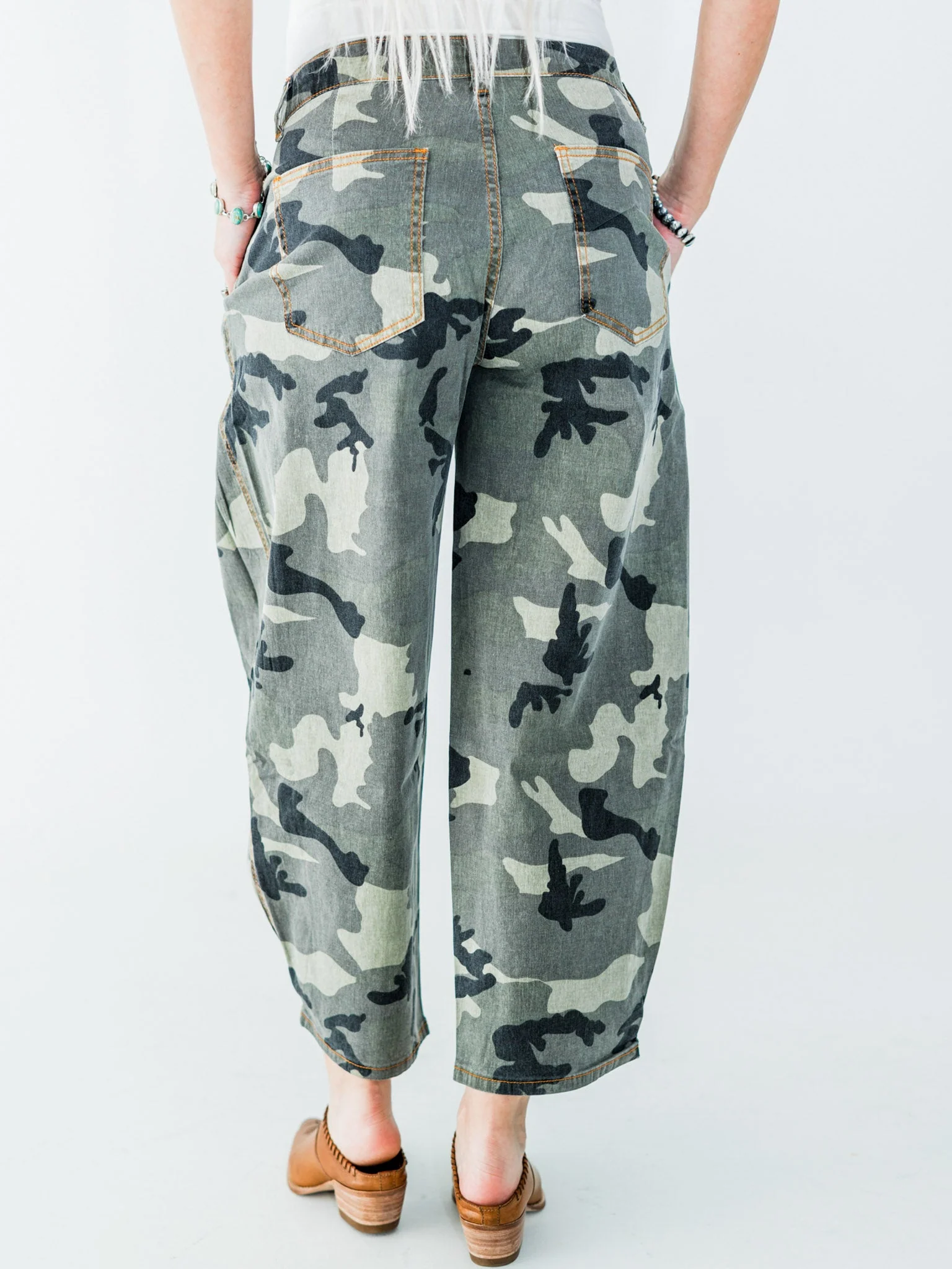 Olive & Gray Camo Print Cropped Barrel Leg Pants FINAL SALE - Image 6