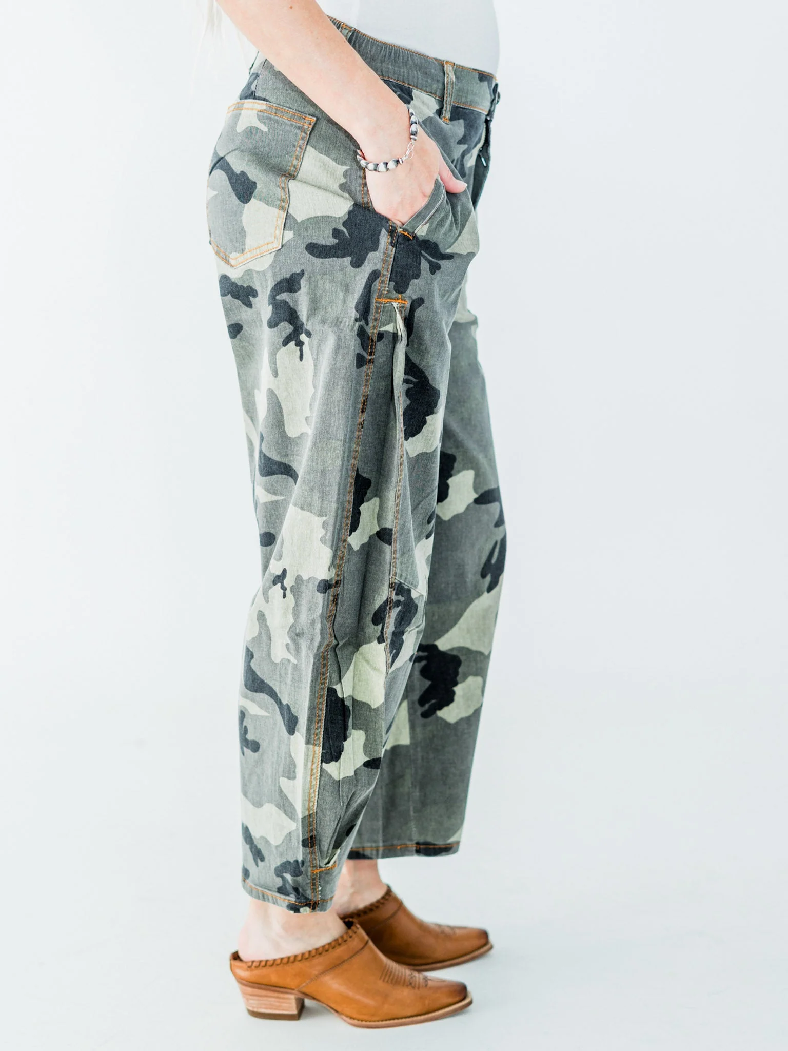 Olive & Gray Camo Print Cropped Barrel Leg Pants FINAL SALE - Image 7