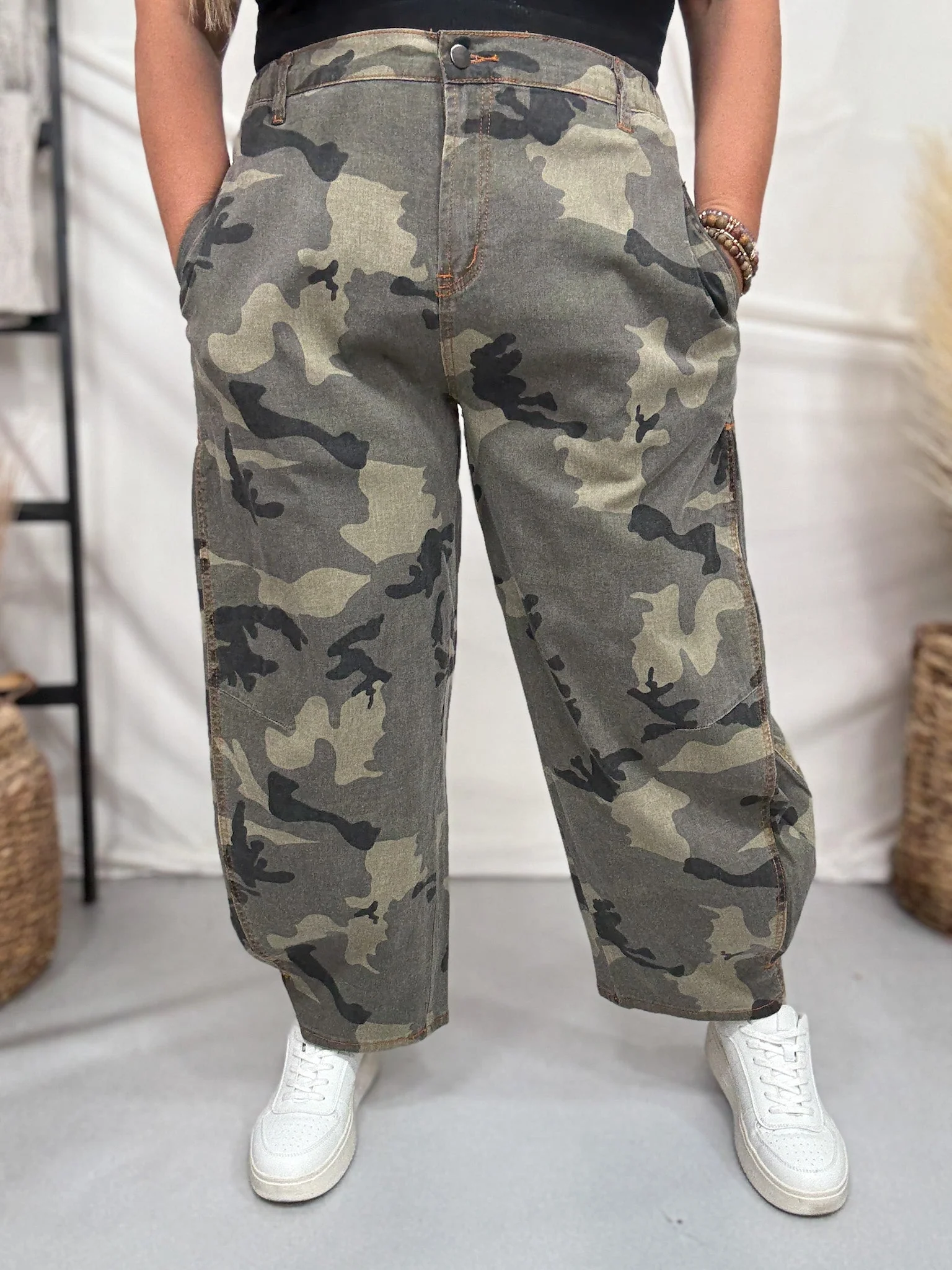 Olive & Gray Camo Print Cropped Barrel Leg Pants FINAL SALE - Image 8