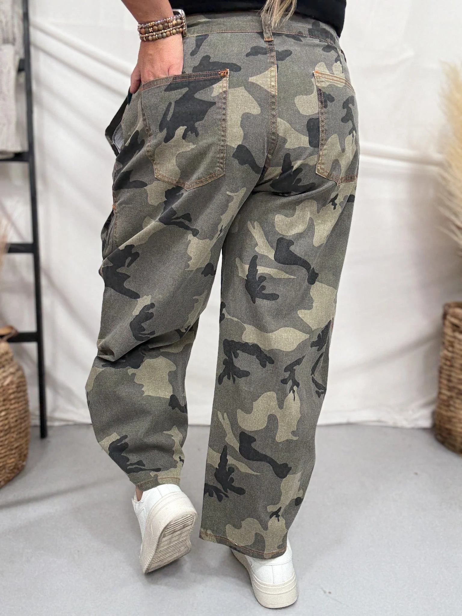 Olive & Gray Camo Print Cropped Barrel Leg Pants FINAL SALE - Image 9